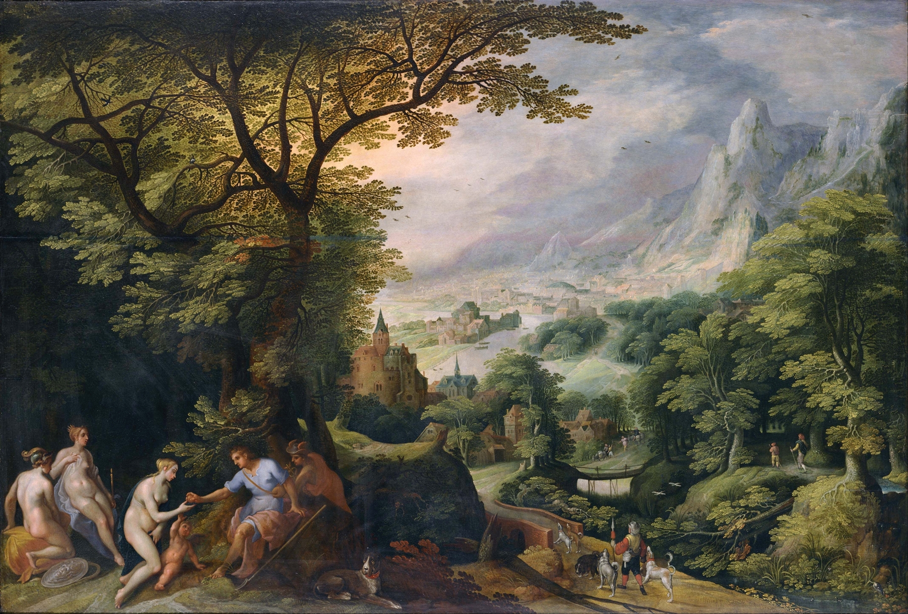 Landscape with the Judgement of Paris by Gillis van Coninxloo, oil painting depicting mythological figures in a lush forest.