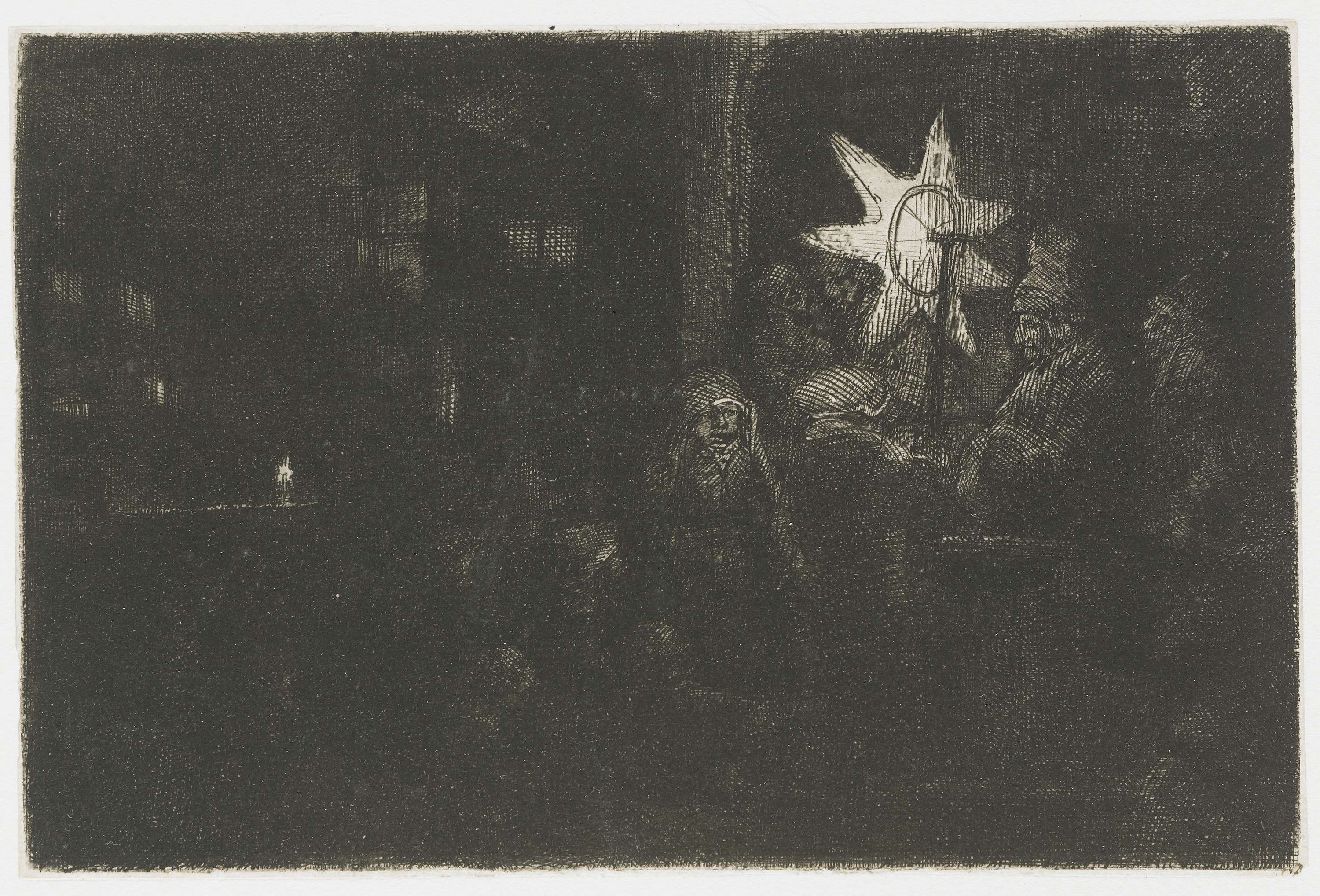 Etching by Rembrandt van Rijn featuring a luminous figure in chiaroscuro.
