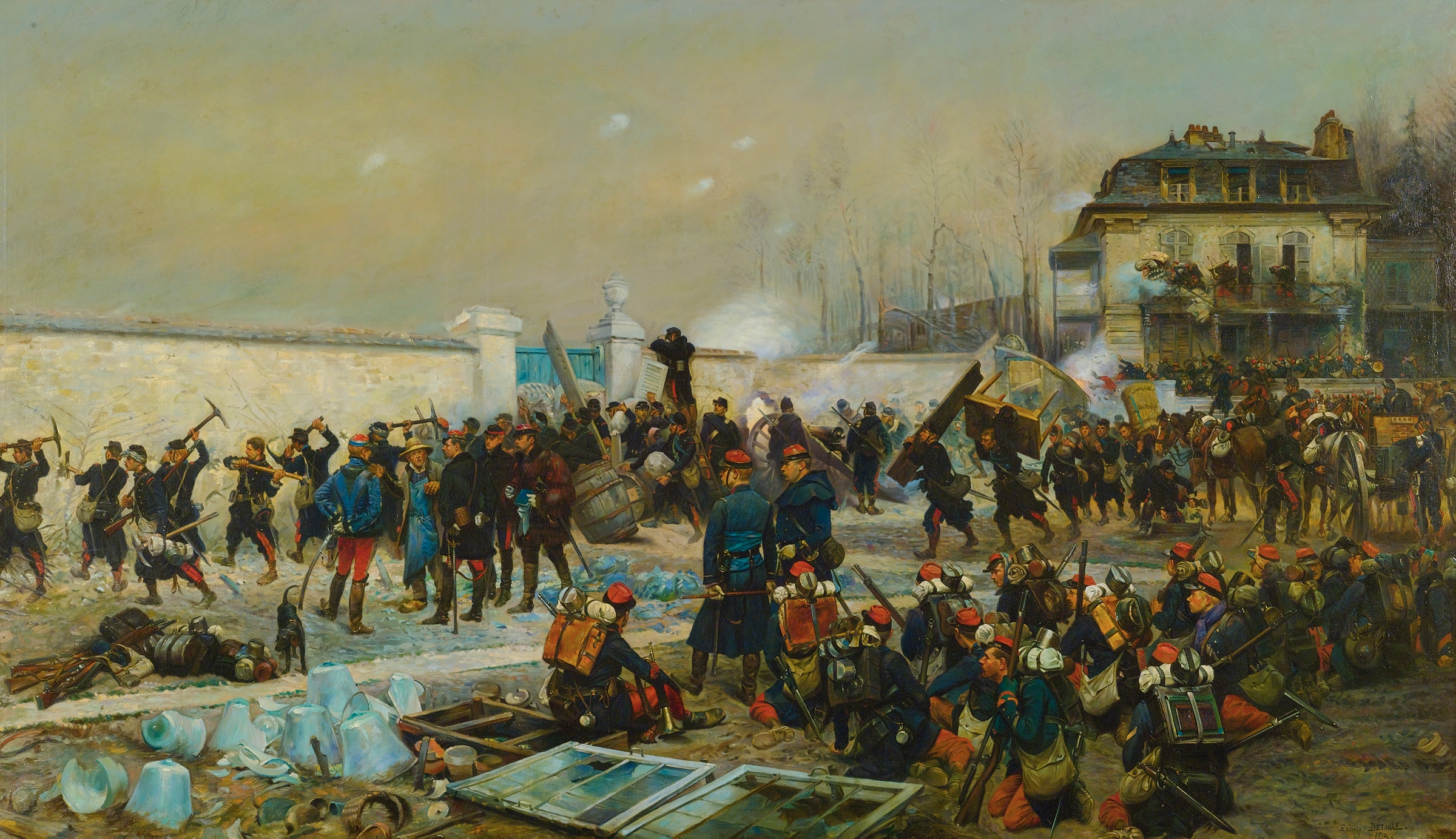 Historical scene of weary soldiers resting in winter, oil painting by Jean-Baptiste Édouard Detaille