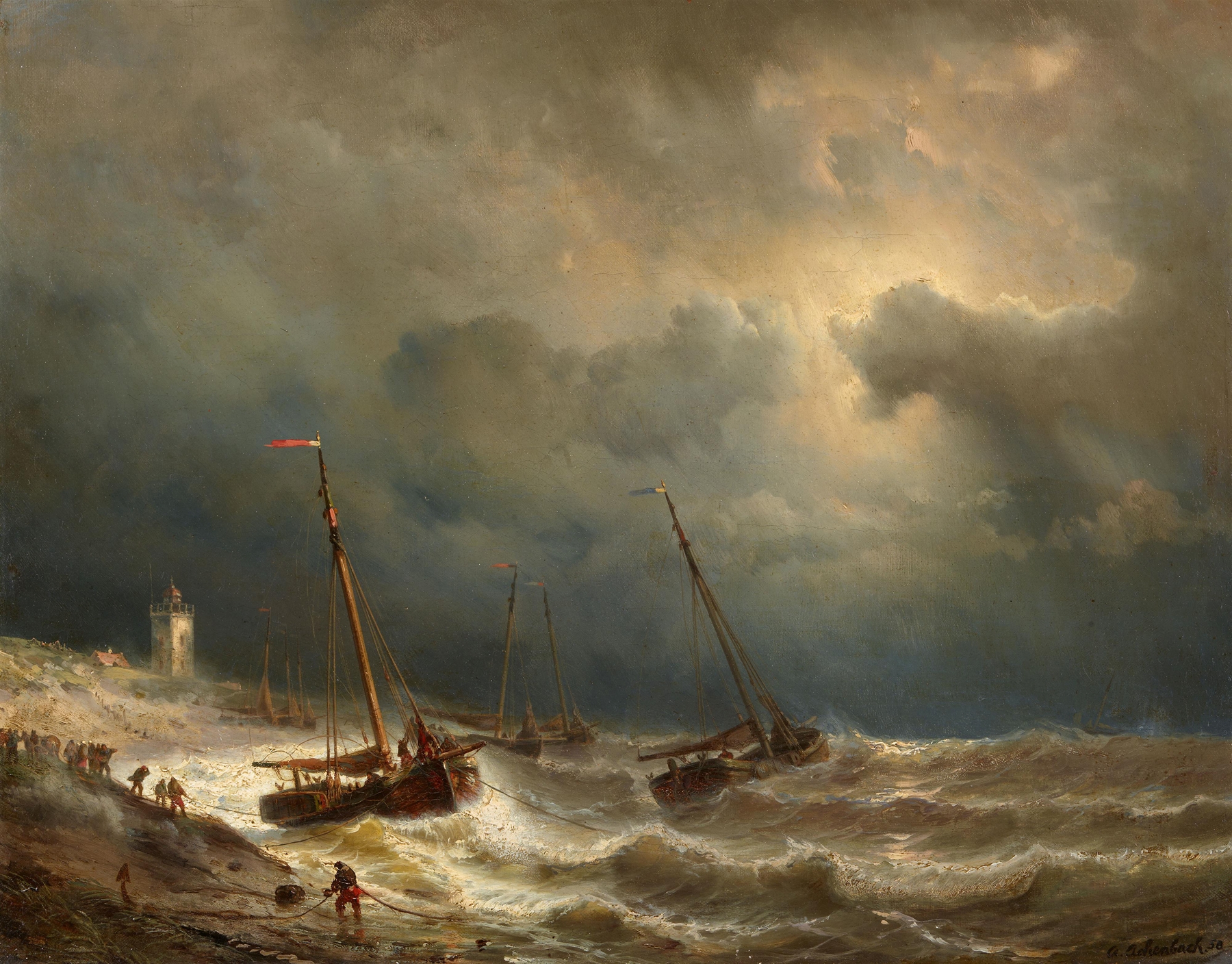 Segelschiffe an einer stürmischen Küste, by Andreas Achenbach, public domain