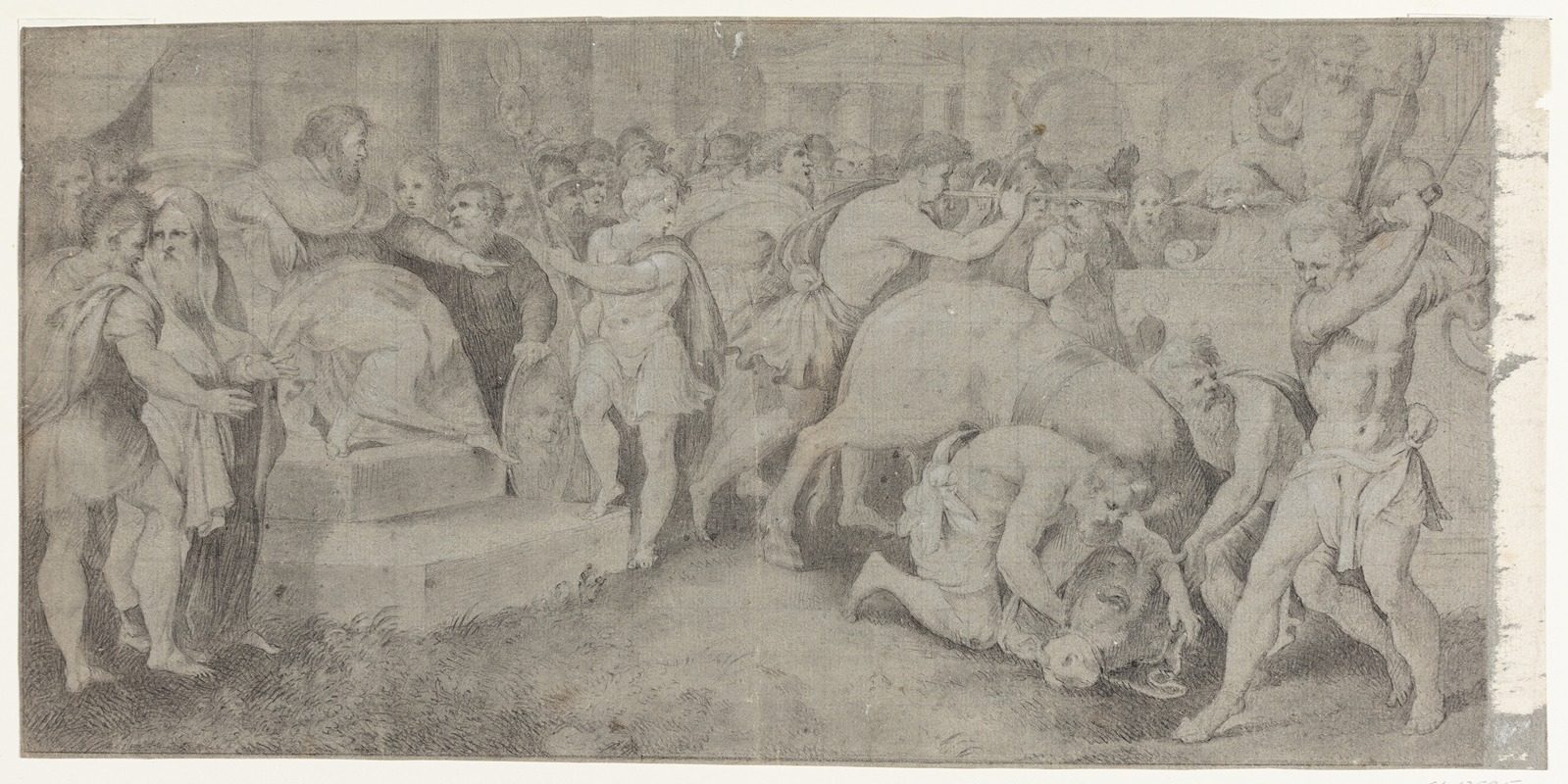This painting depicts a white bull being sacrificed in front of a ruler.