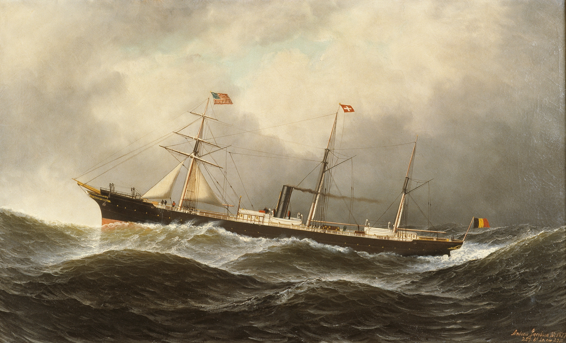 Het Belgische stoomschip met hulpzeilvermogen ‘Ludwig’ op zee, by Antonio Jacobsen, public domain