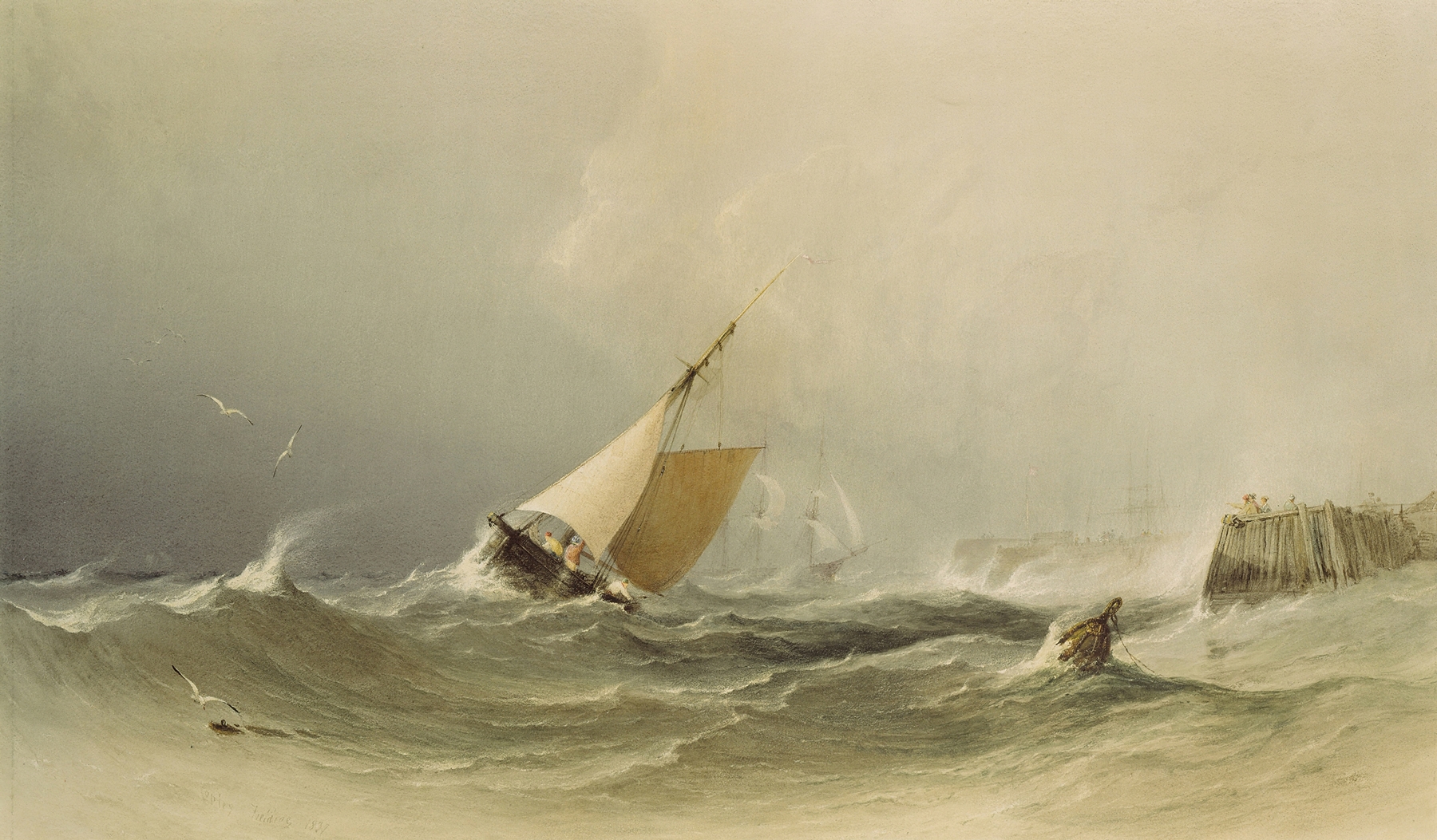 Bridlington Harbour by Copley Fielding, oil painting depicting sailboats and shimmering water