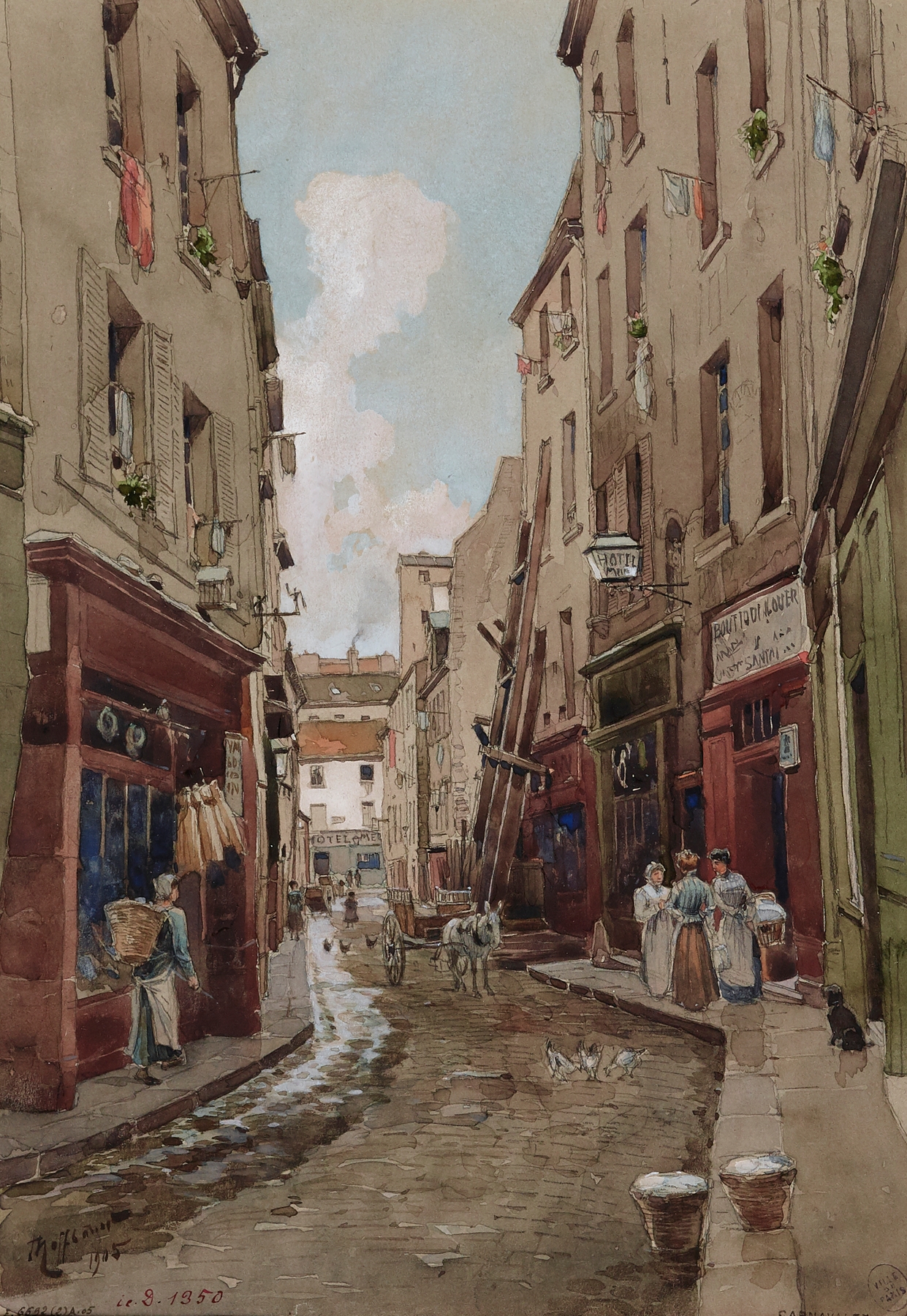 Genre scene with lively figures on Rue Saint-Médard en 1905 by Fédor Hoffbauer, oil painting