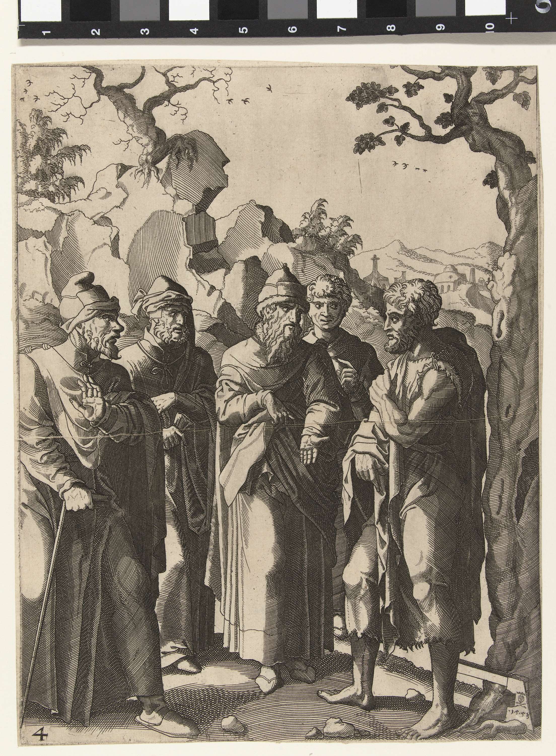 Etching by Hans Liefrinck (I) depicting a prophet and four men in conversation.