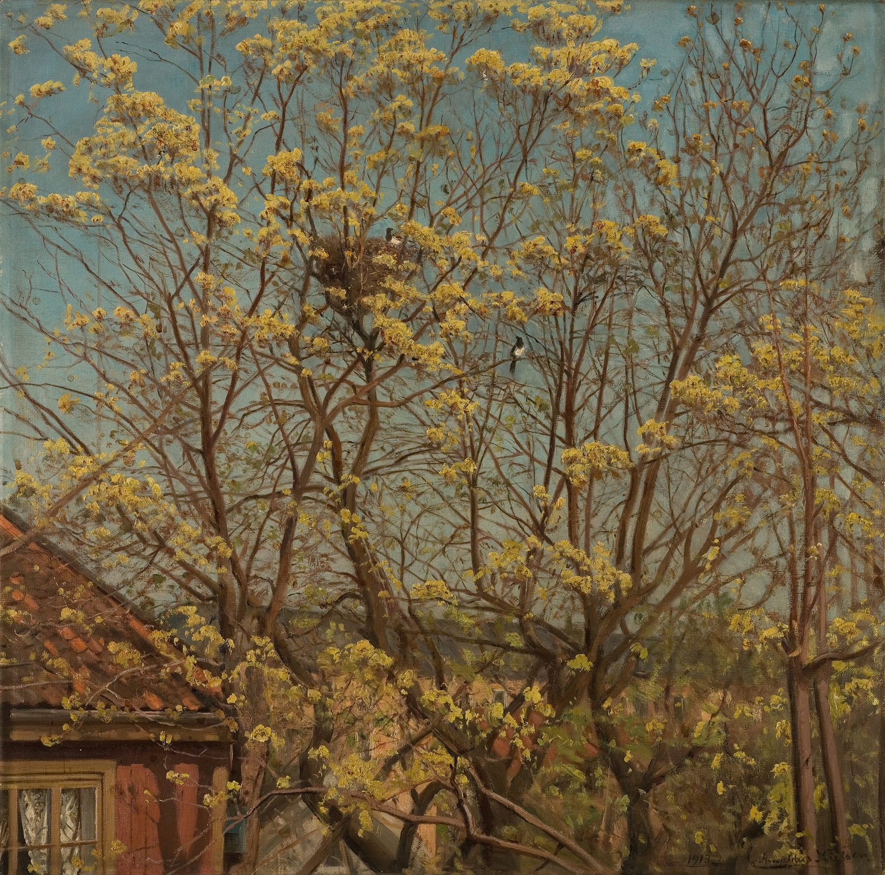 Interior scene with window view, oil painting by Amaldus Nielsen