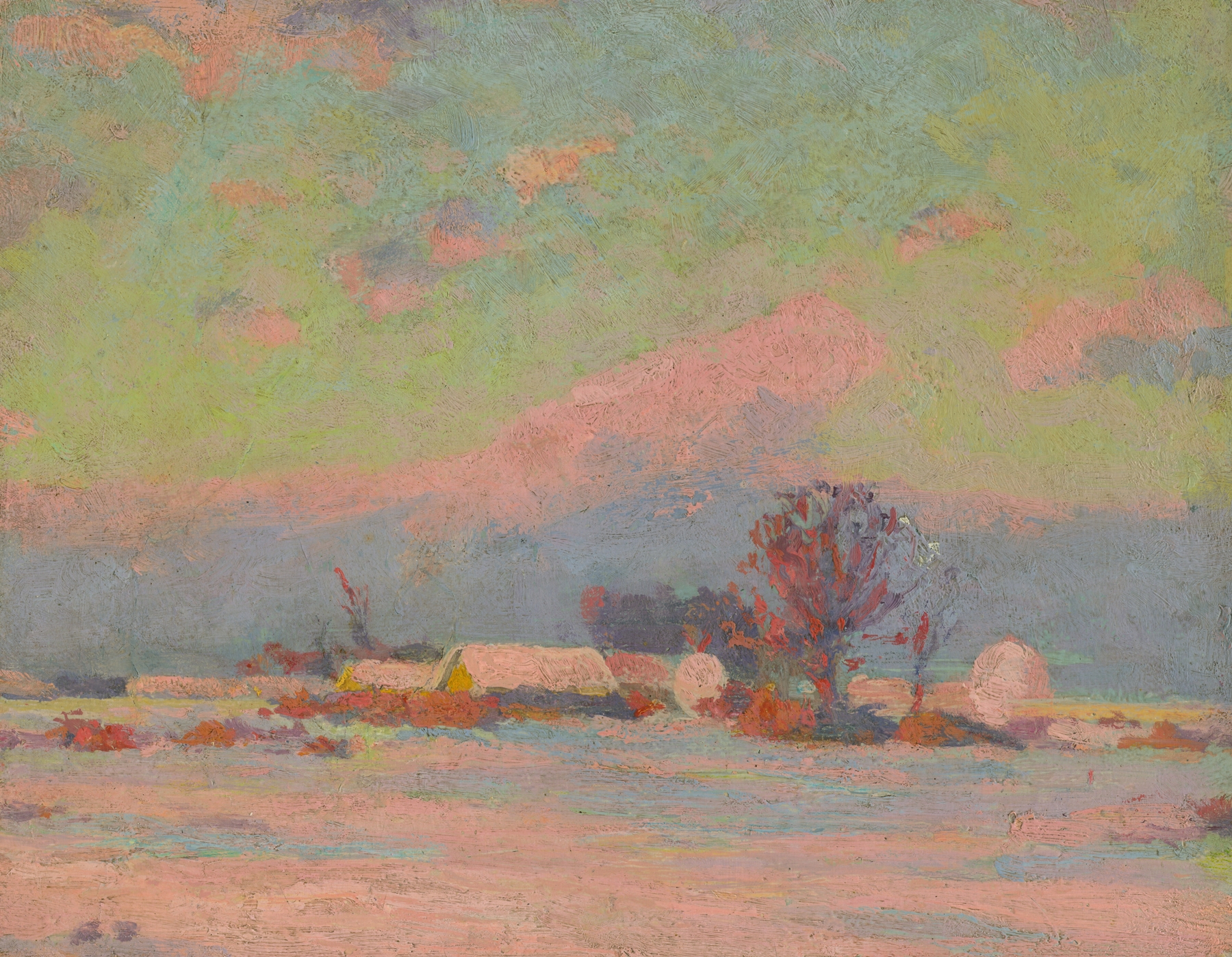 Winter evening landscape by Ľudovít Čordák, oil painting