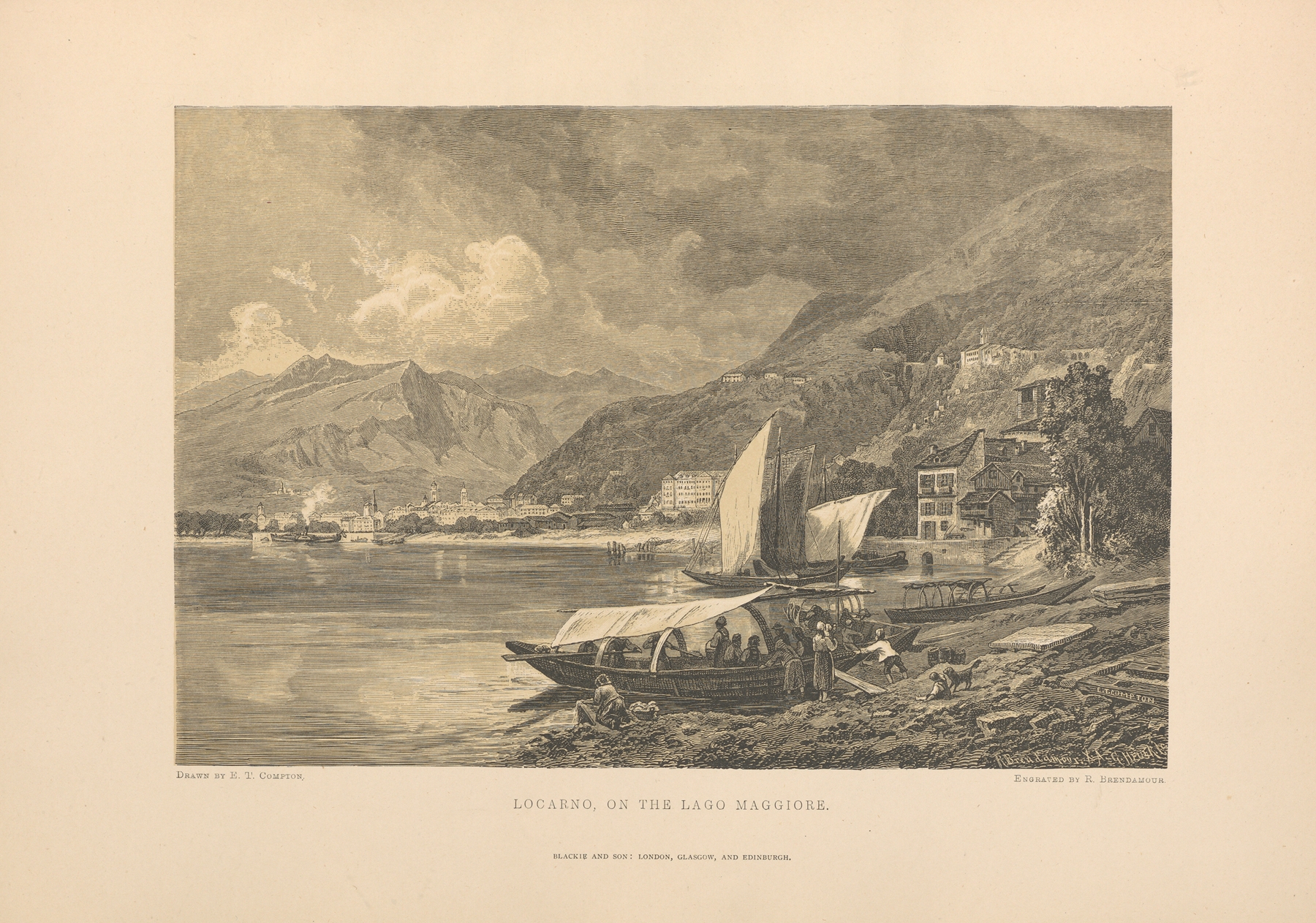Landscape oil painting by Theodor Gsell Fels depicting Lago Maggiore with mountains and sky.