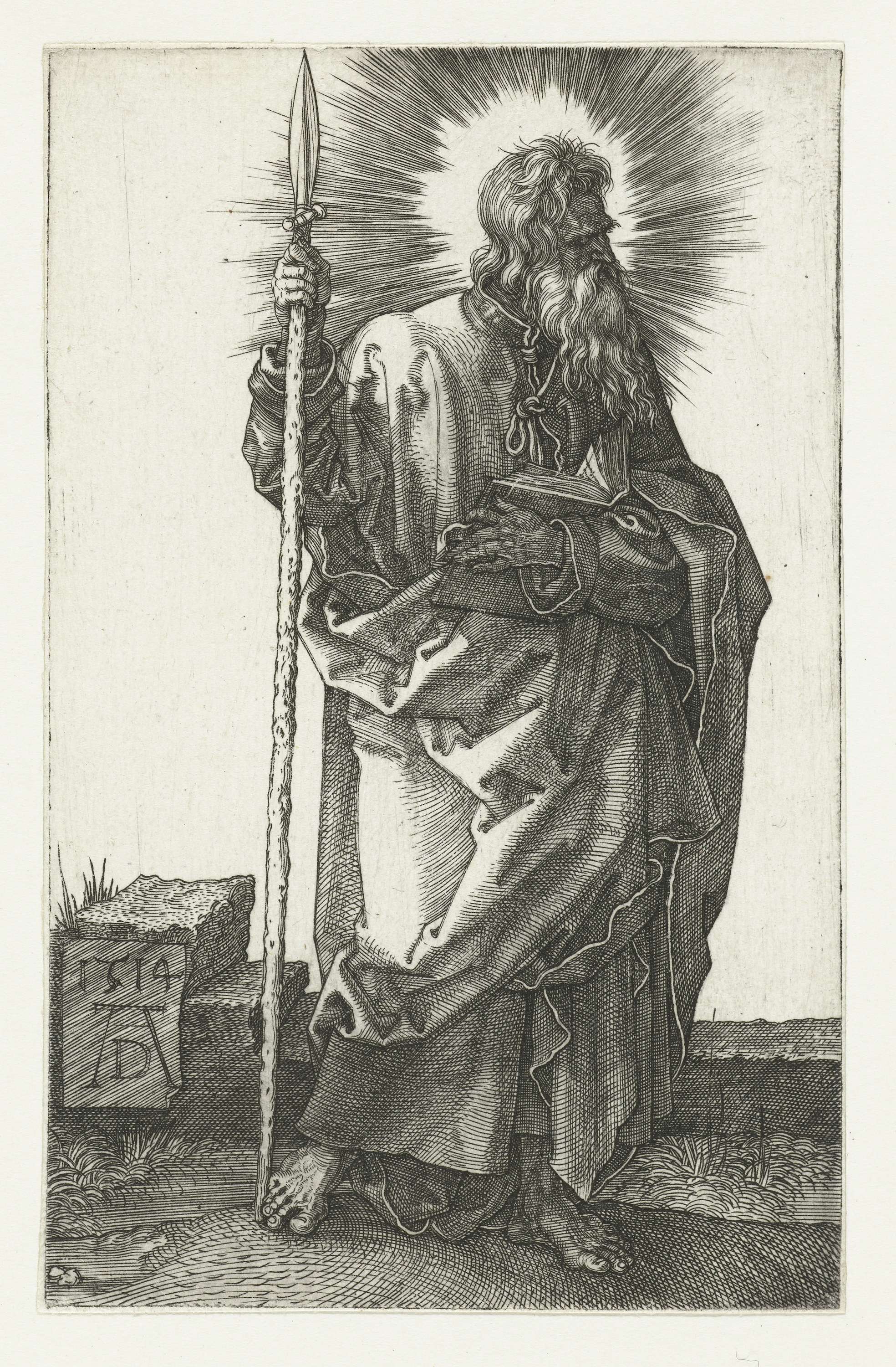 De apostel Thomas engraving by Albrecht Dürer depicting the apostle in contemplation