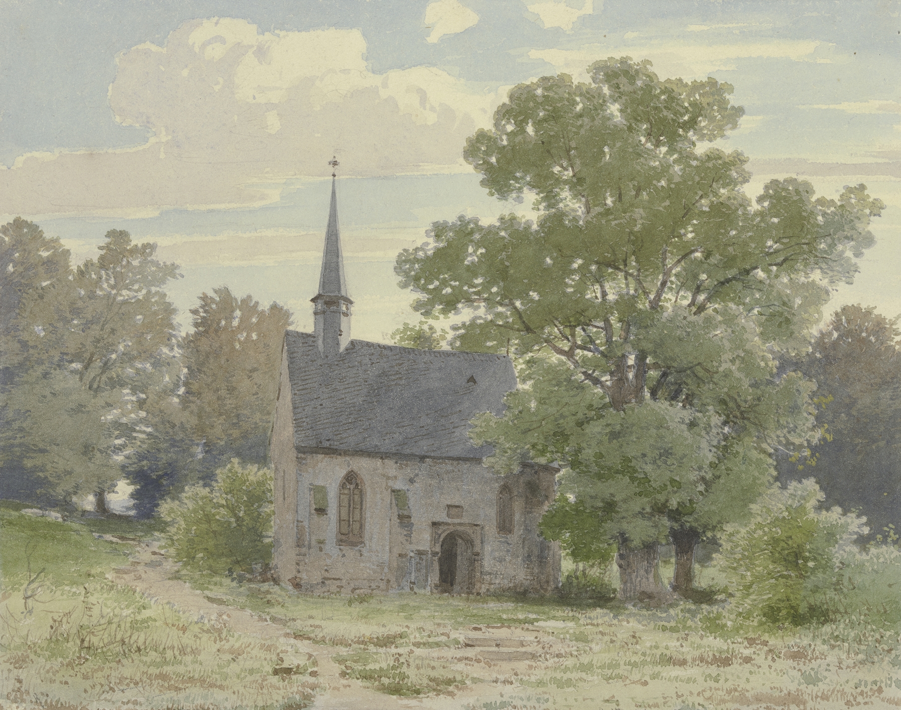 Chapel near Ockstadt by Carl Theodor Reiffenstein, oil on canvas depicting a tranquil landscape