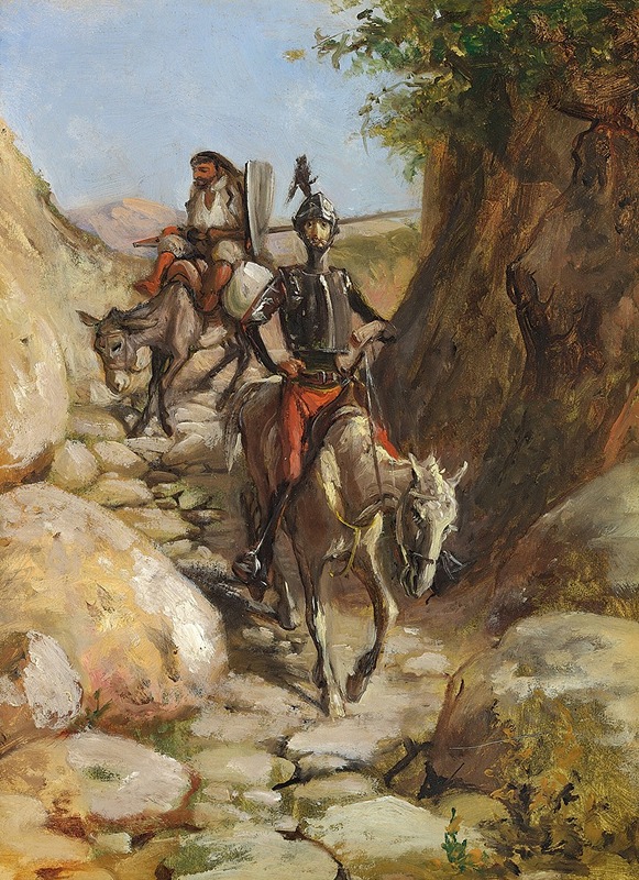 A depiction of Don Quixote and Sancho Panza returning from the black mountains.
