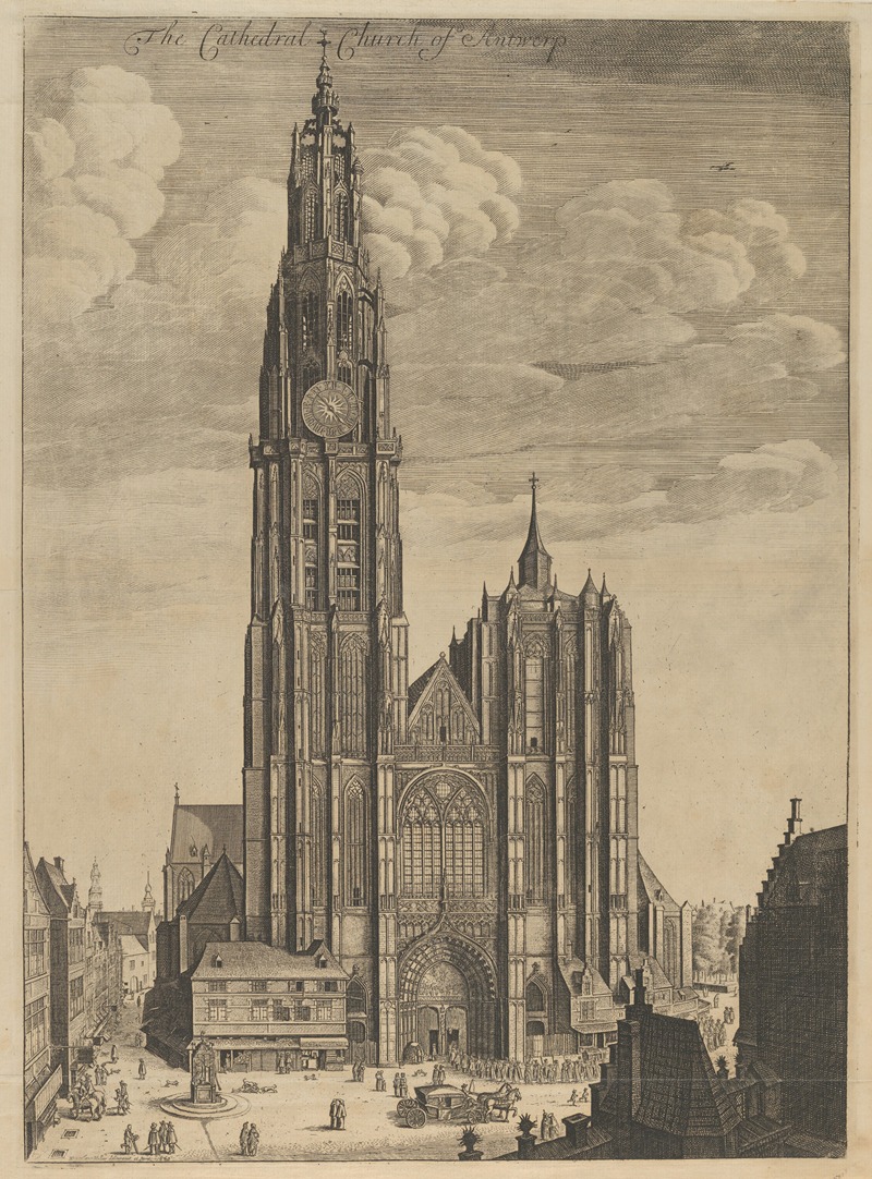 An etching of Antwerp Cathedral showcasing its impressive towers and detailed architecture.