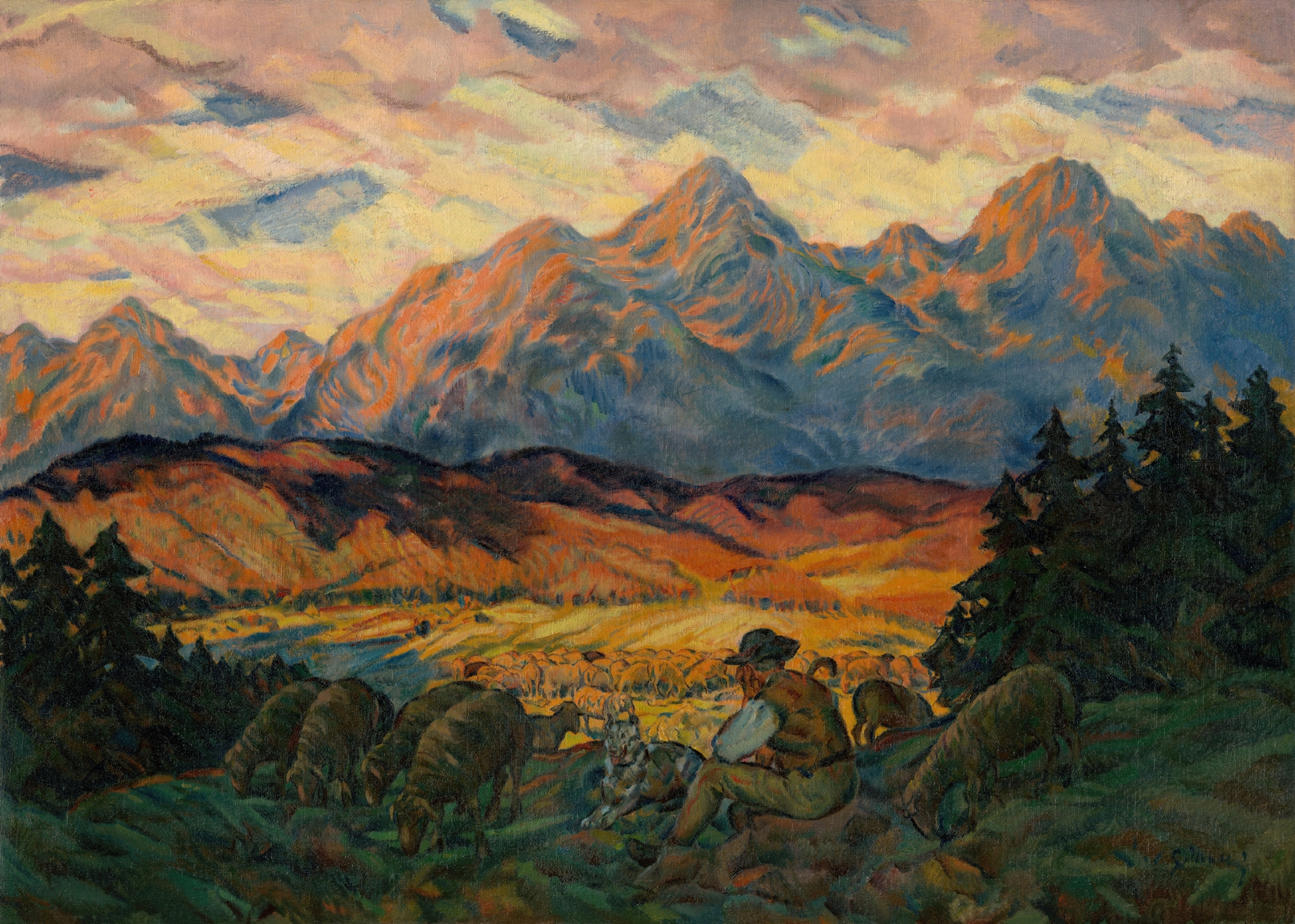 Figurative oil painting by Gustáv Mallý depicting a shepherd with sheep