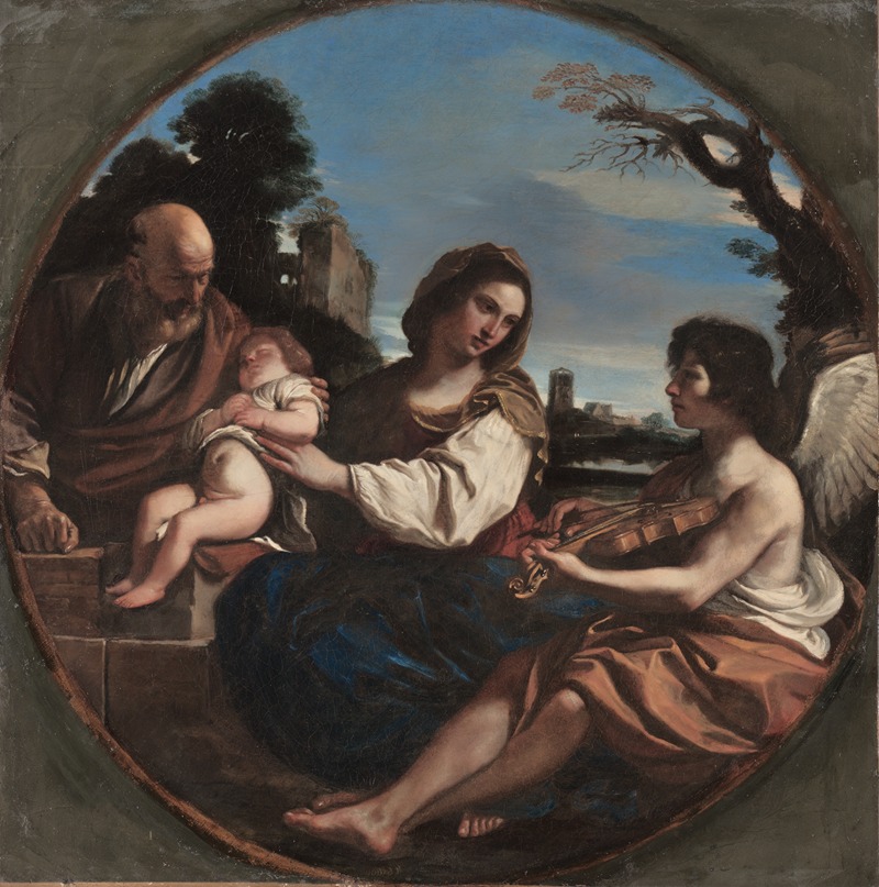 Guercino's 'Rest on the Flight into Egypt' depicts a serene moment in a biblical journey.