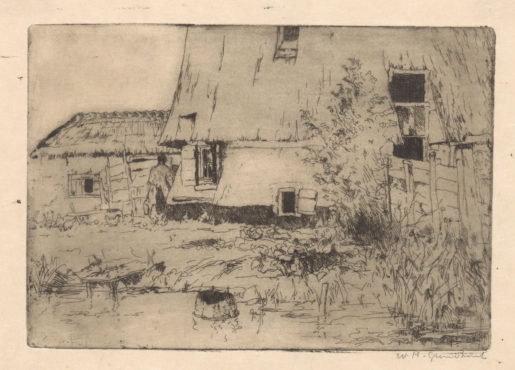 Landscape featuring a windmill base by Willem Adrianus Grondhout, oil painting
