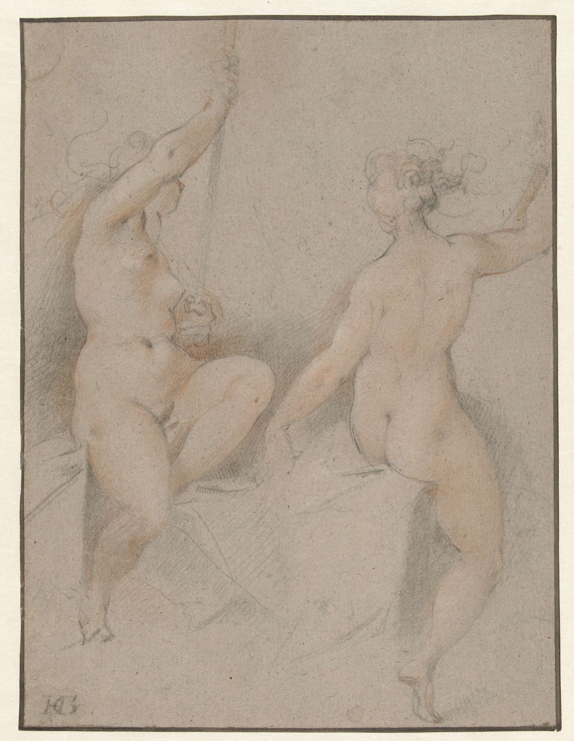 Two reclining female nudes on paper by Hendrick Goltzius