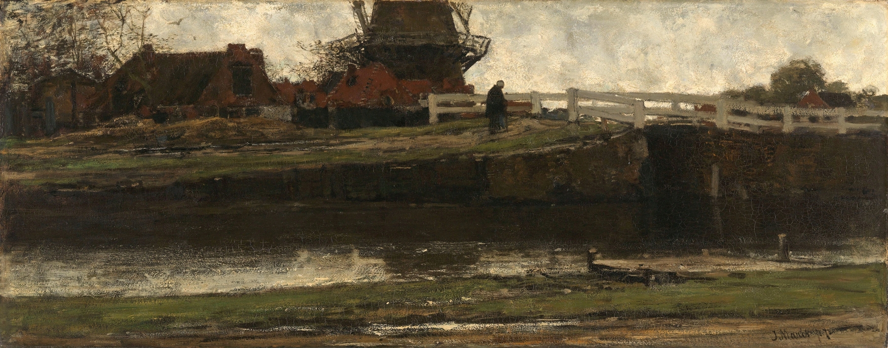Landscape featuring a windmill in muted earth tones, oil painting by Jacob Maris