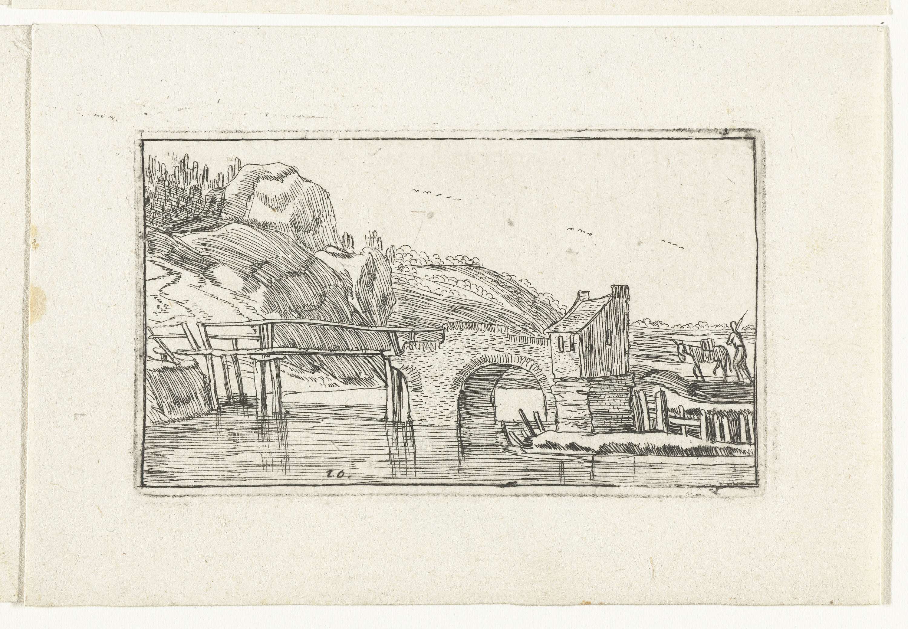 Genre scene etching by Unknown Artist depicting a donkey near a bridge