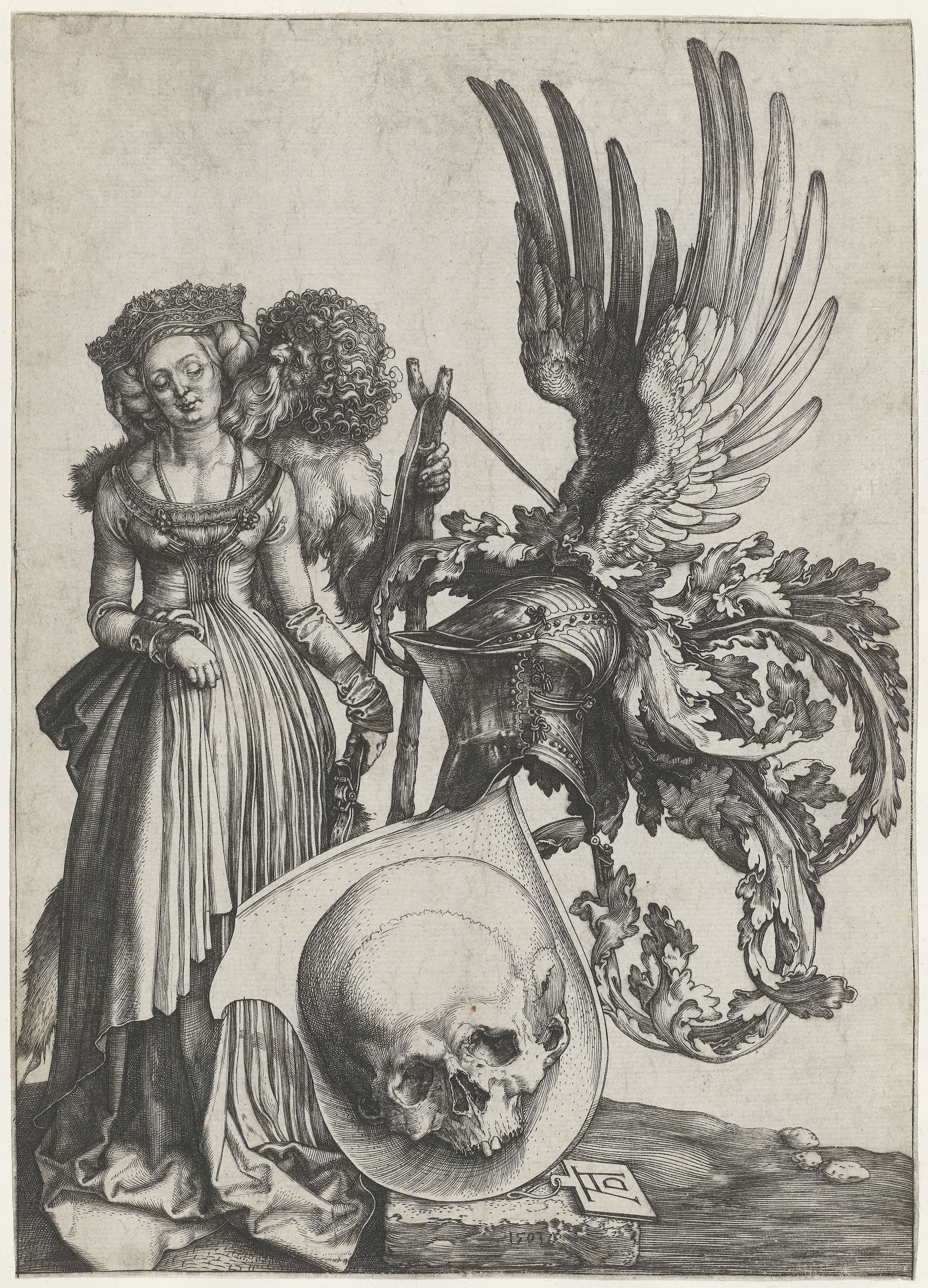 Wapenschild met vrouw en wildeman, by Albrecht Dürer, public domain