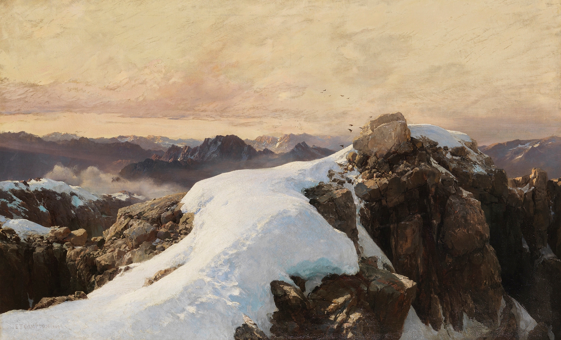 Oil painting by Edward Theodore Compton depicting dawn over mountains