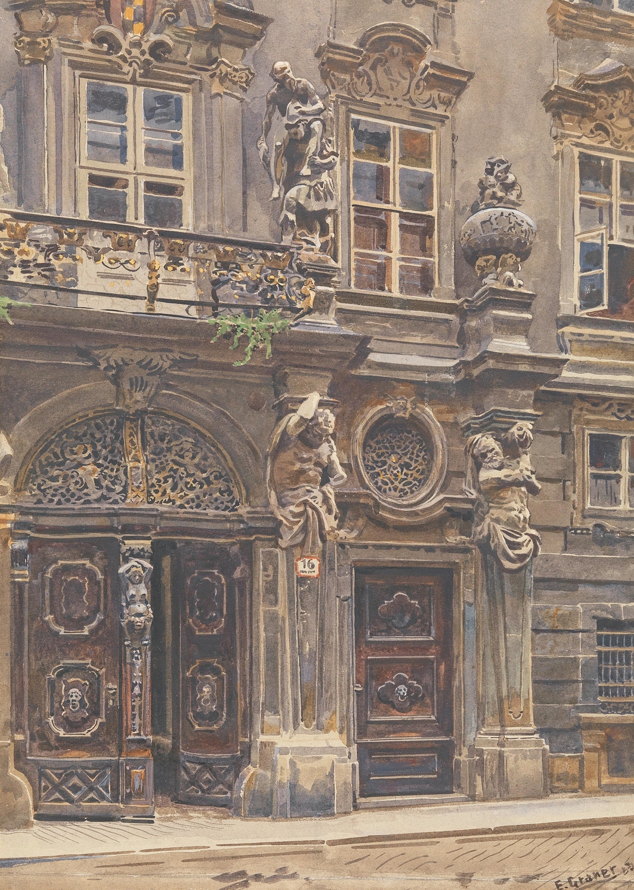 Interior scene with muted ochre and gray tones, oil painting by Ernst Graner