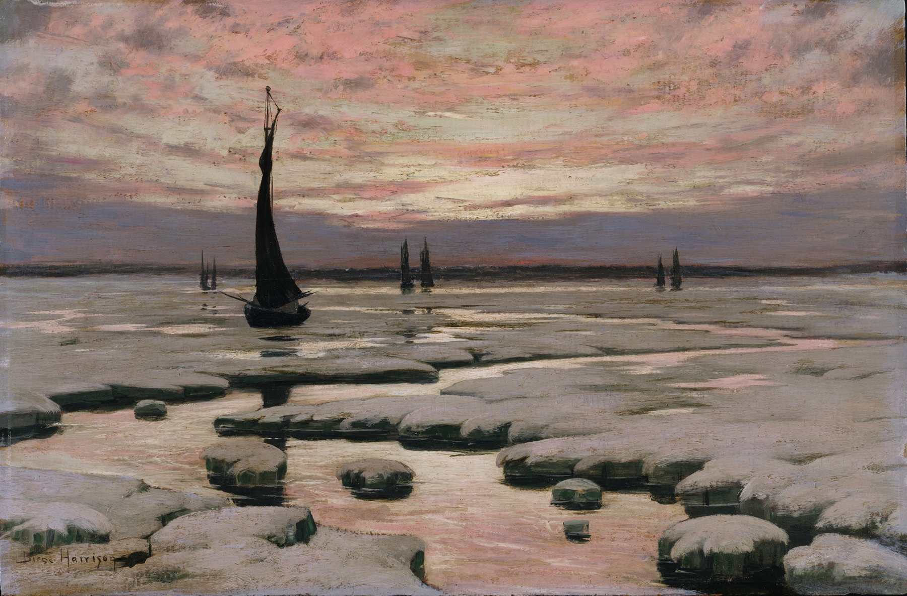 Winter Sunset by Birge Harrison, oil painting depicting a sunset over snow-covered trees.
