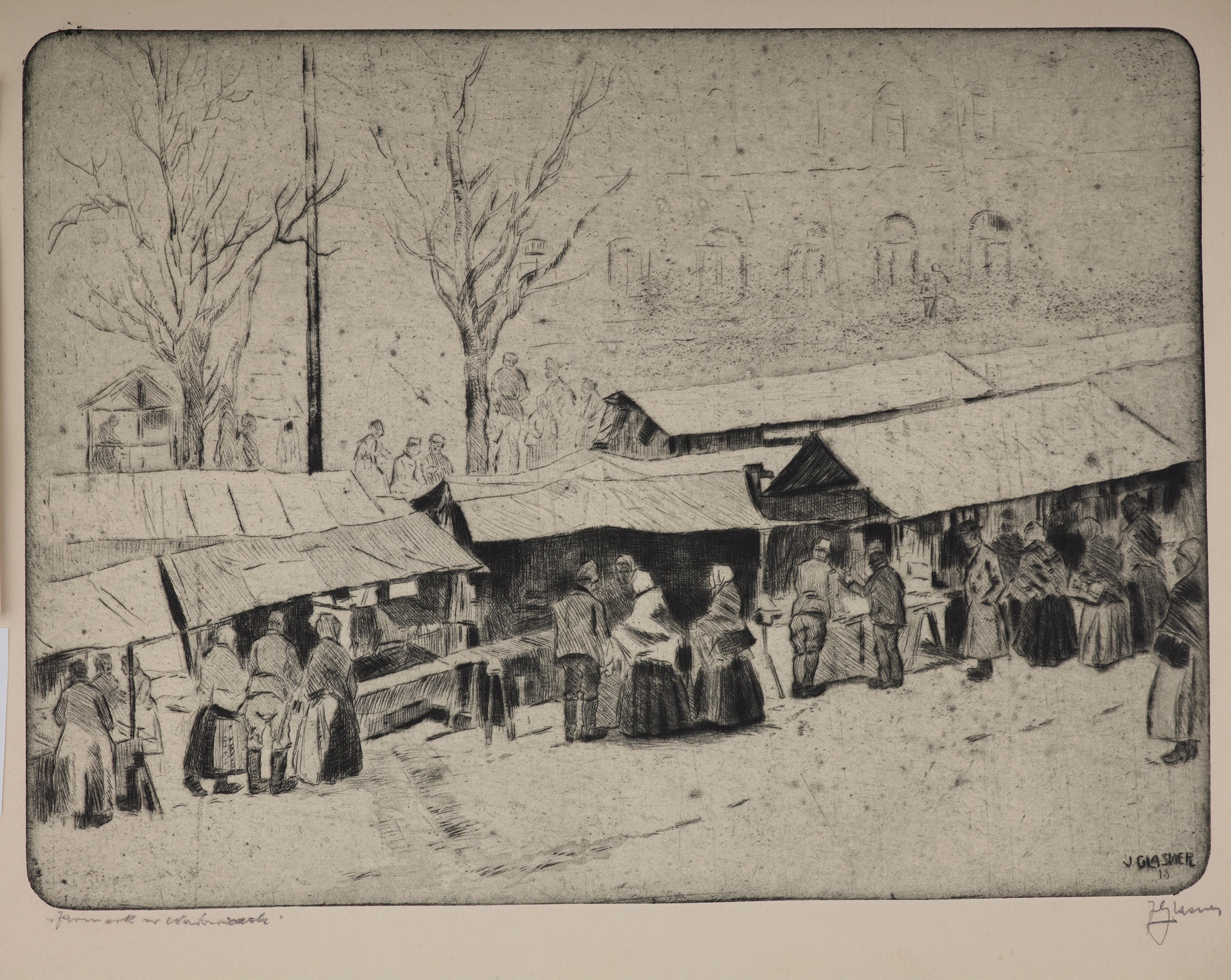 Genre scene depicting a fair with lively figures by Jakub Glasner, 1918