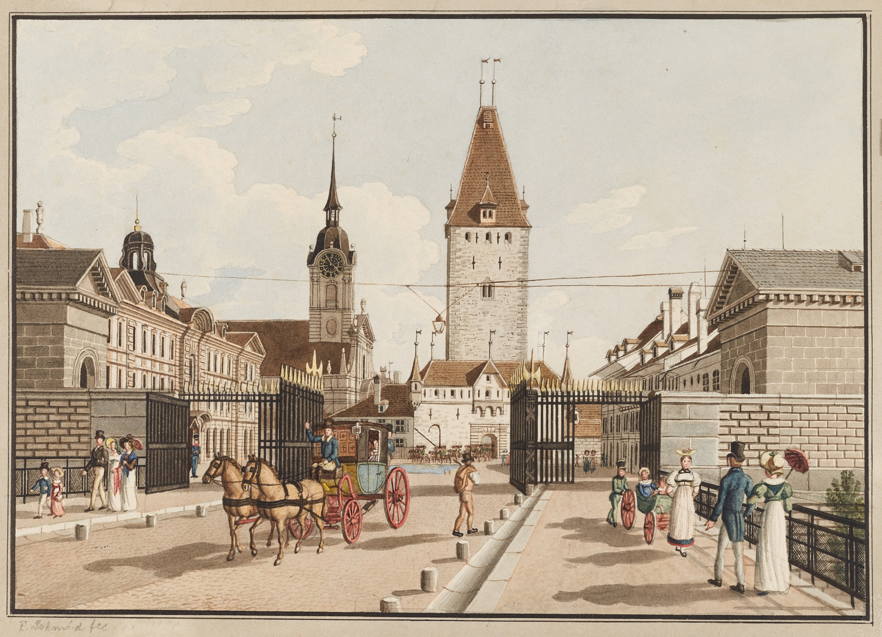 Oil painting by Franz Schmid depicting the New Murtentor in Bern with sunlight on stone walls