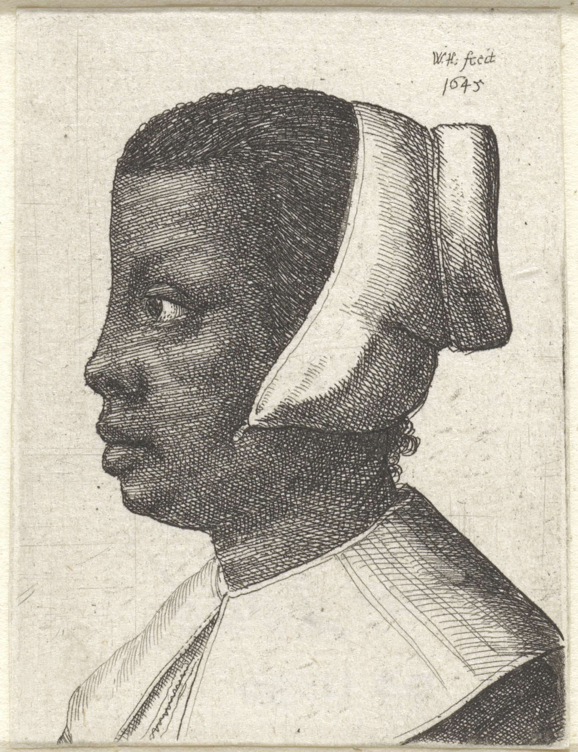 Portret van een zwarte jonge vrouw met hoofdkapje, by Wenceslaus Hollar, public domain