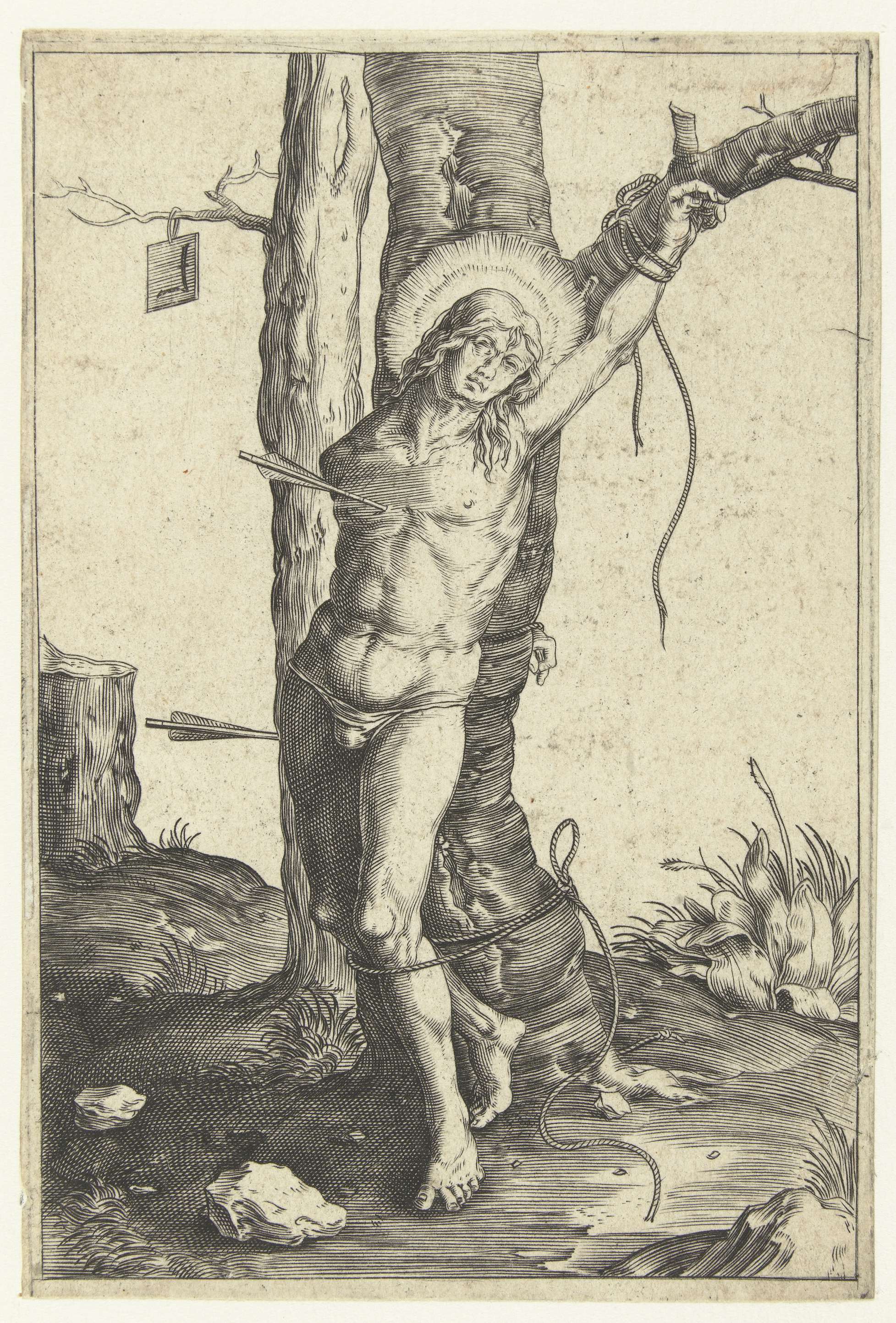 Engraving of Saint Sebastian by Jan Harmensz. Muller, featuring arrows and vulnerability.