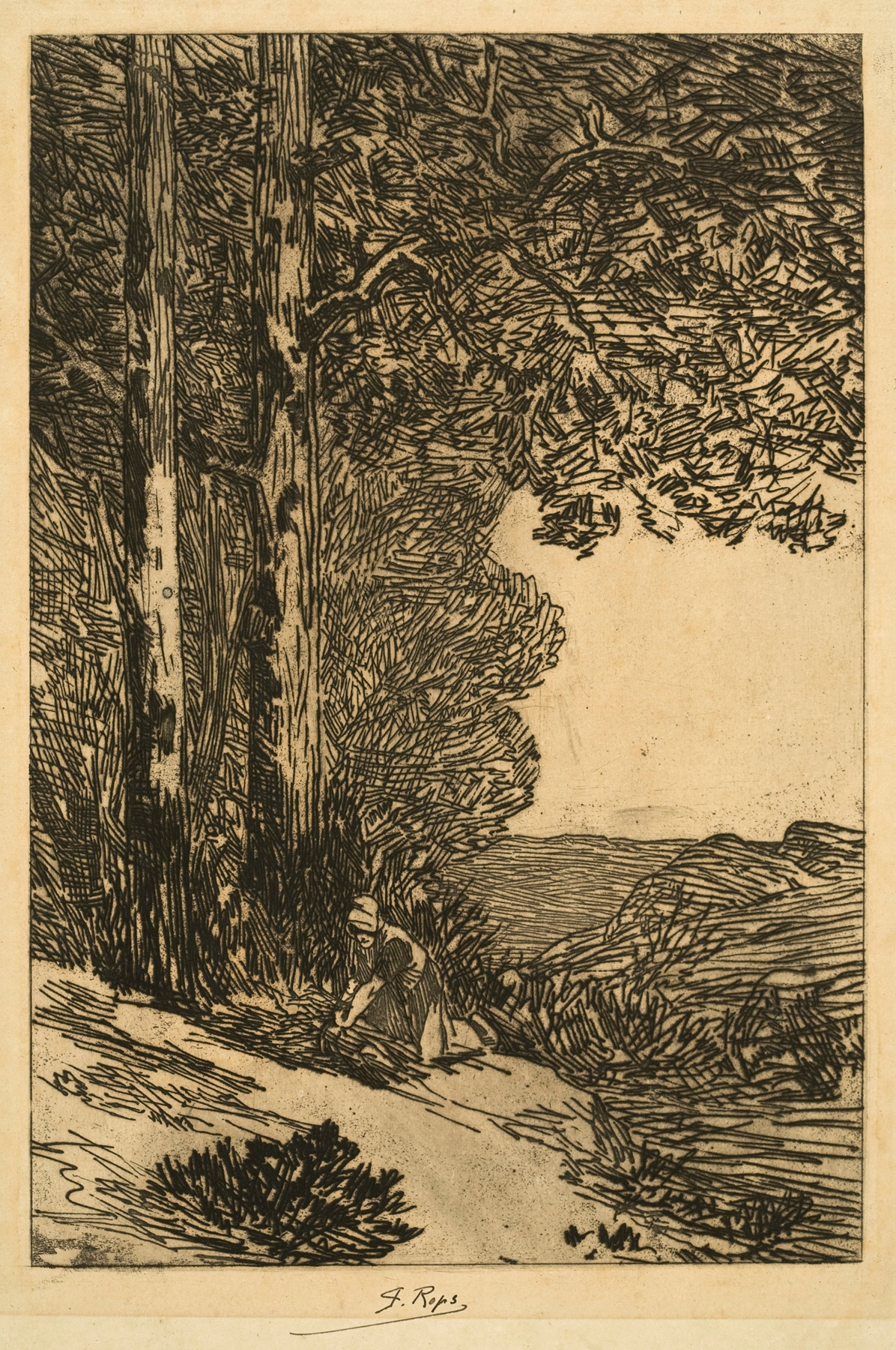 The Lumberwoman by Louis Dubois, oil on canvas showing a woman in a forest.