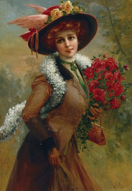 A beautiful painting of a woman surrounded by roses.