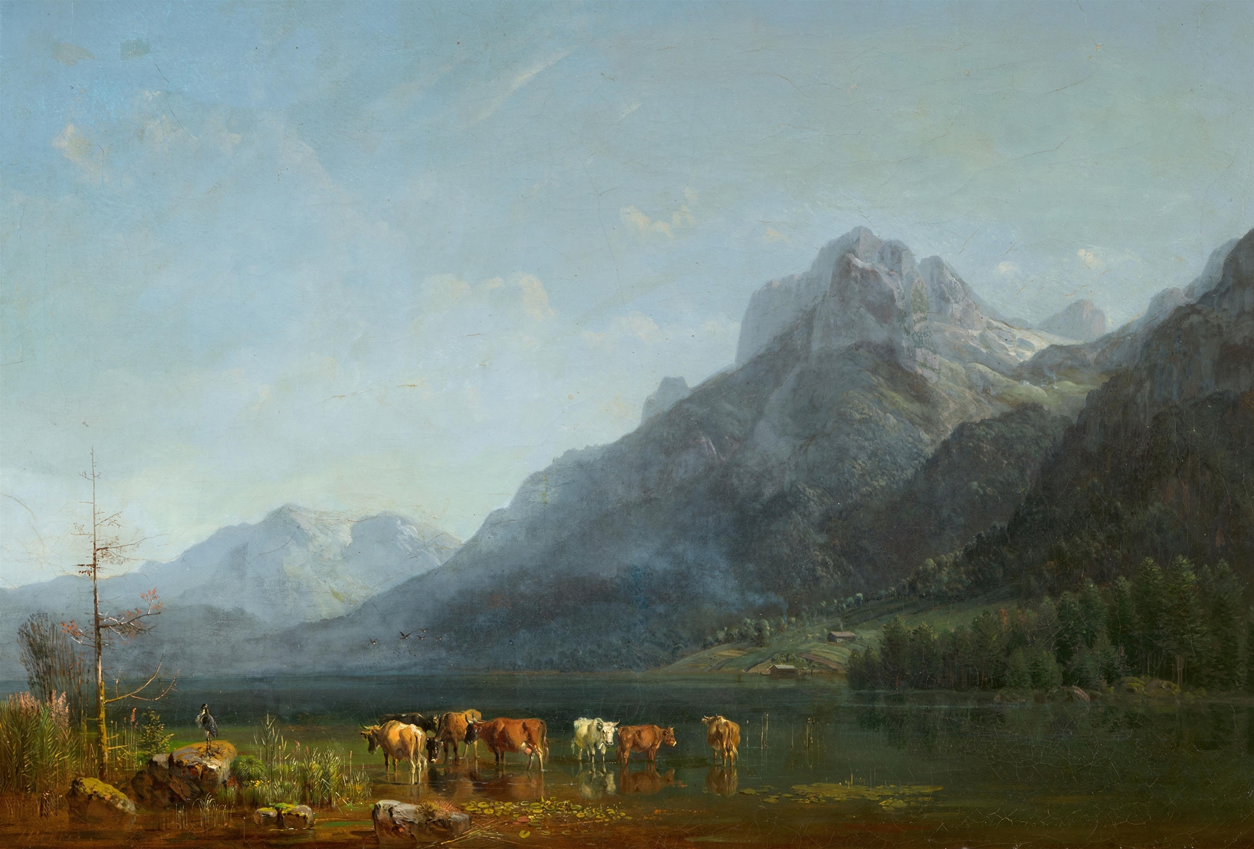 Landscape of a lake with mountains and reflections, oil painting by Heinrich Bürkel