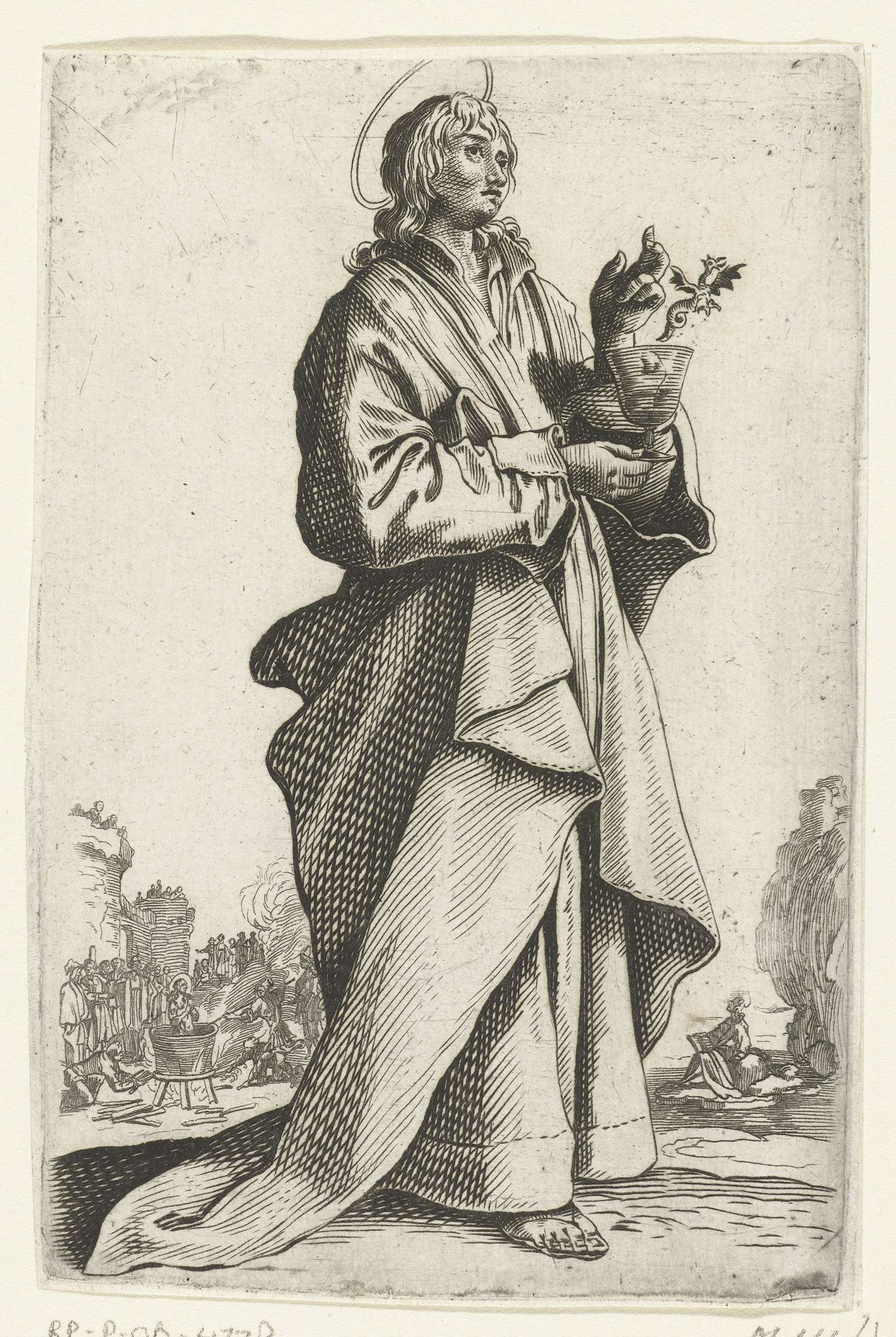 Apostel Johannes de Evangelist, etching by unknown artist, featuring the evangelist in soft light and shadow.