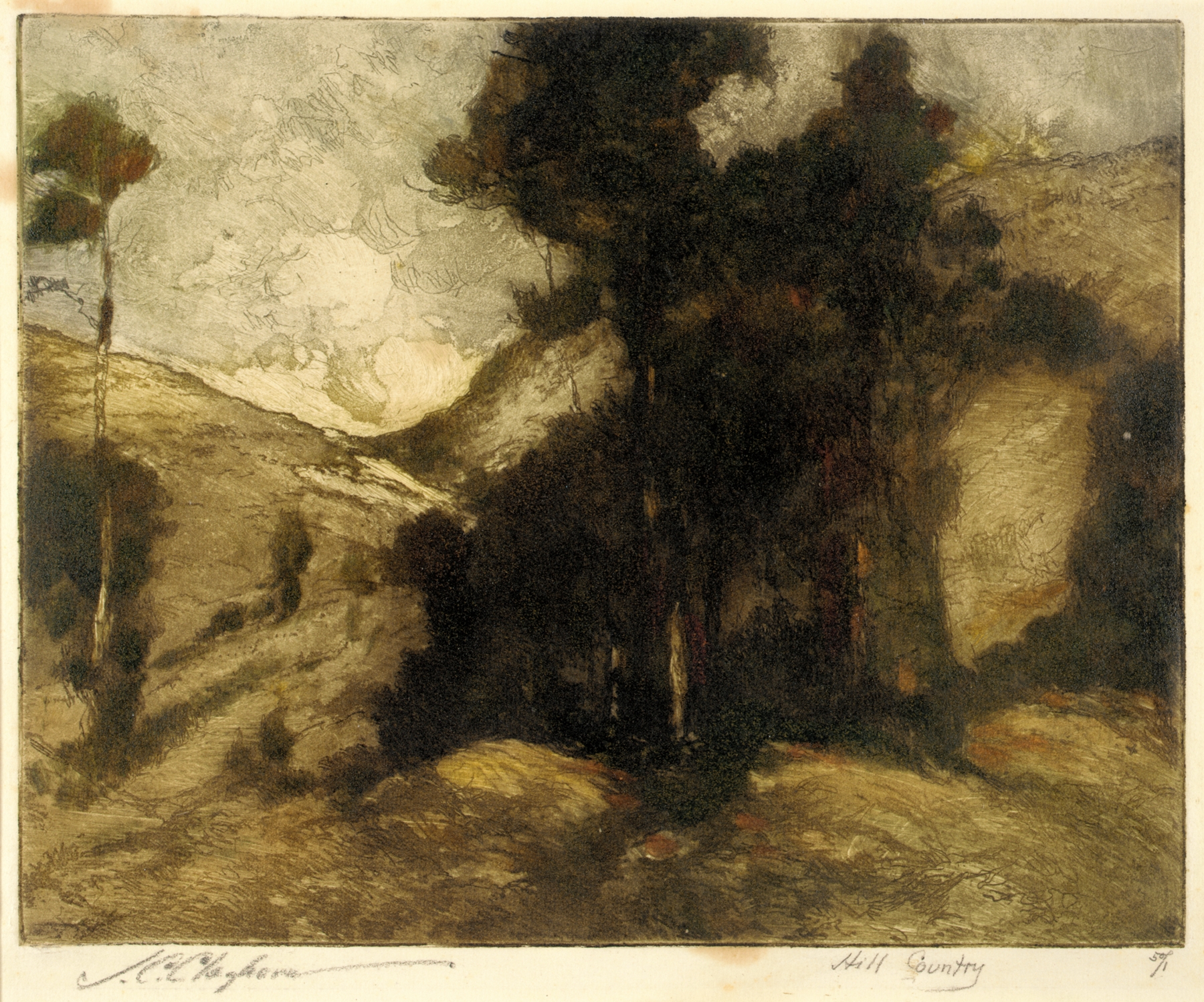 Rolling hills under a delicate sky in an oil painting by Joseph C. Claghorn