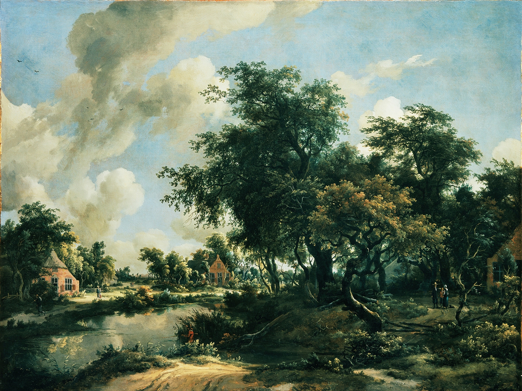 A stormy landscape with dark clouds and a lone tree by Meindert Hobbema, oil painting