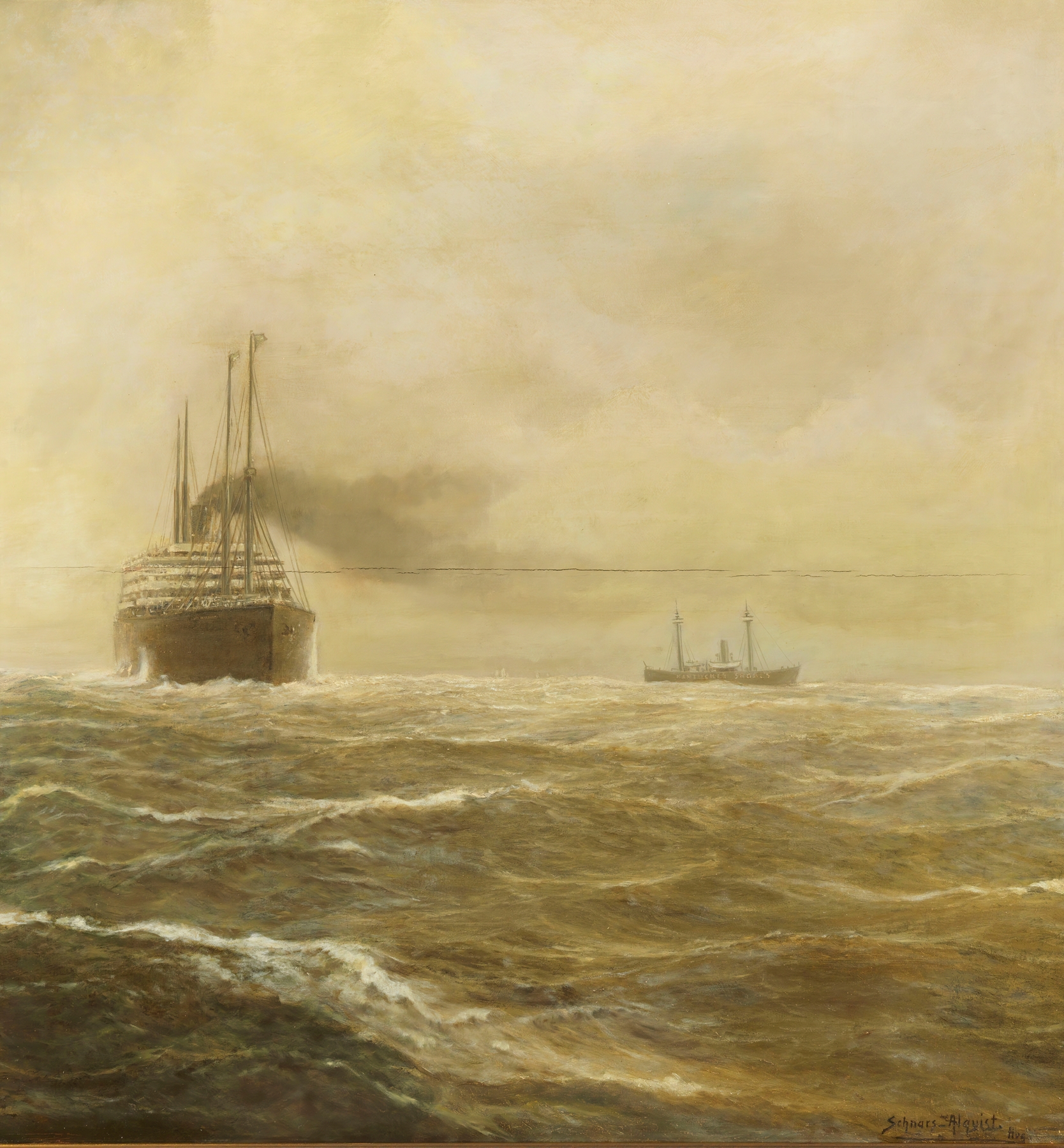Hapag passenger ship sailing across the ocean, oil painting by Hugo Schnars-Alquist