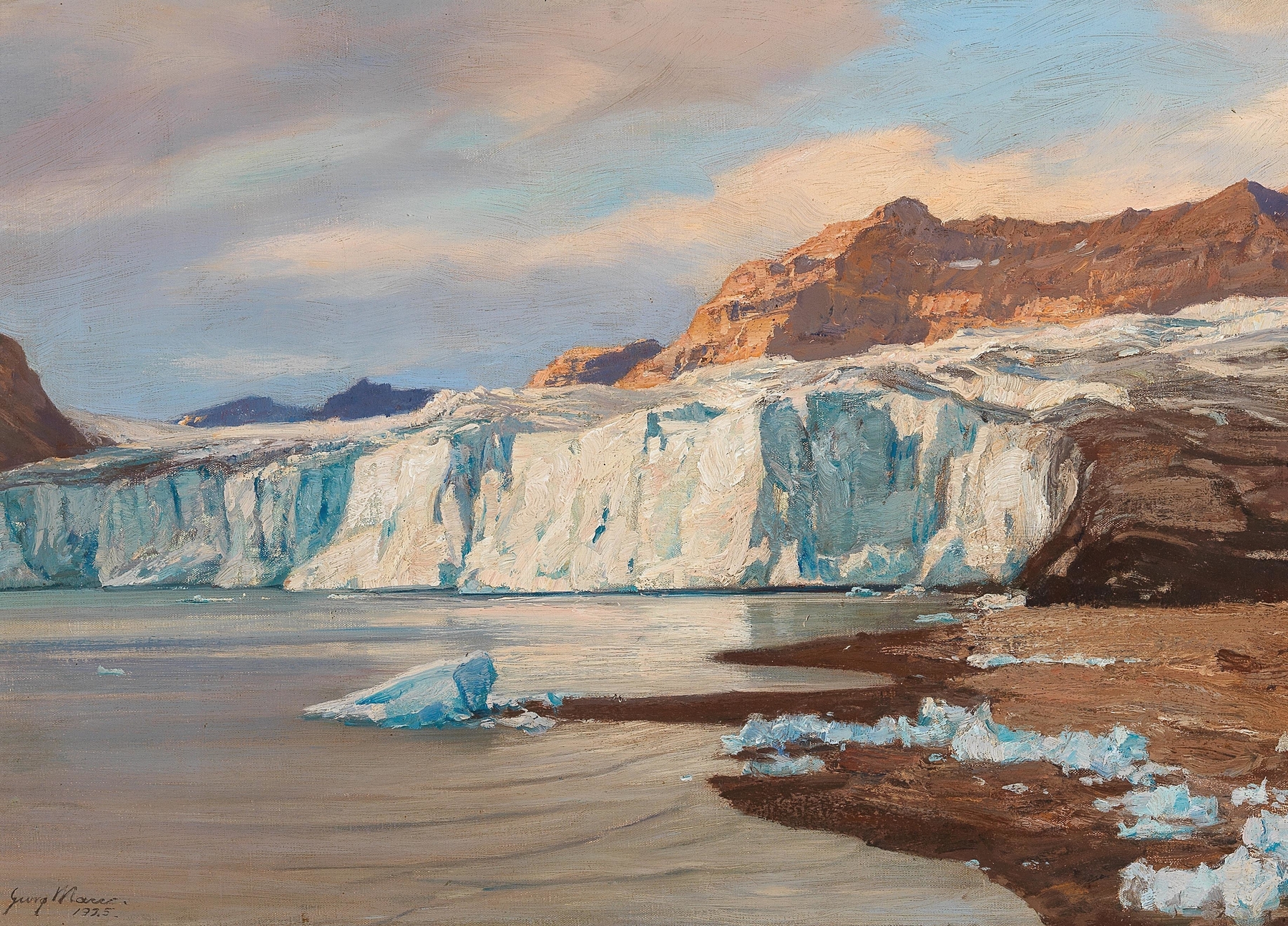 Icy landscape with towering ice formations, oil painting by Georg Macco