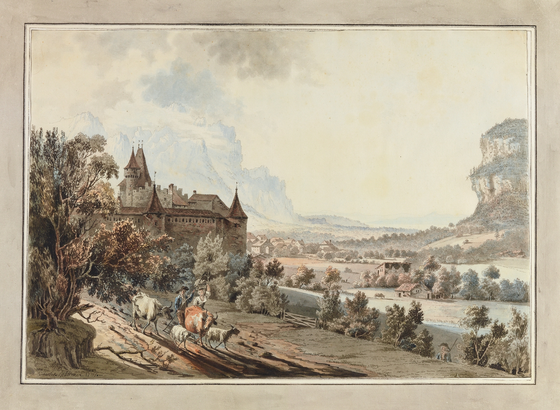 Landscape featuring a castle at sunset by Johann Karl Müllener