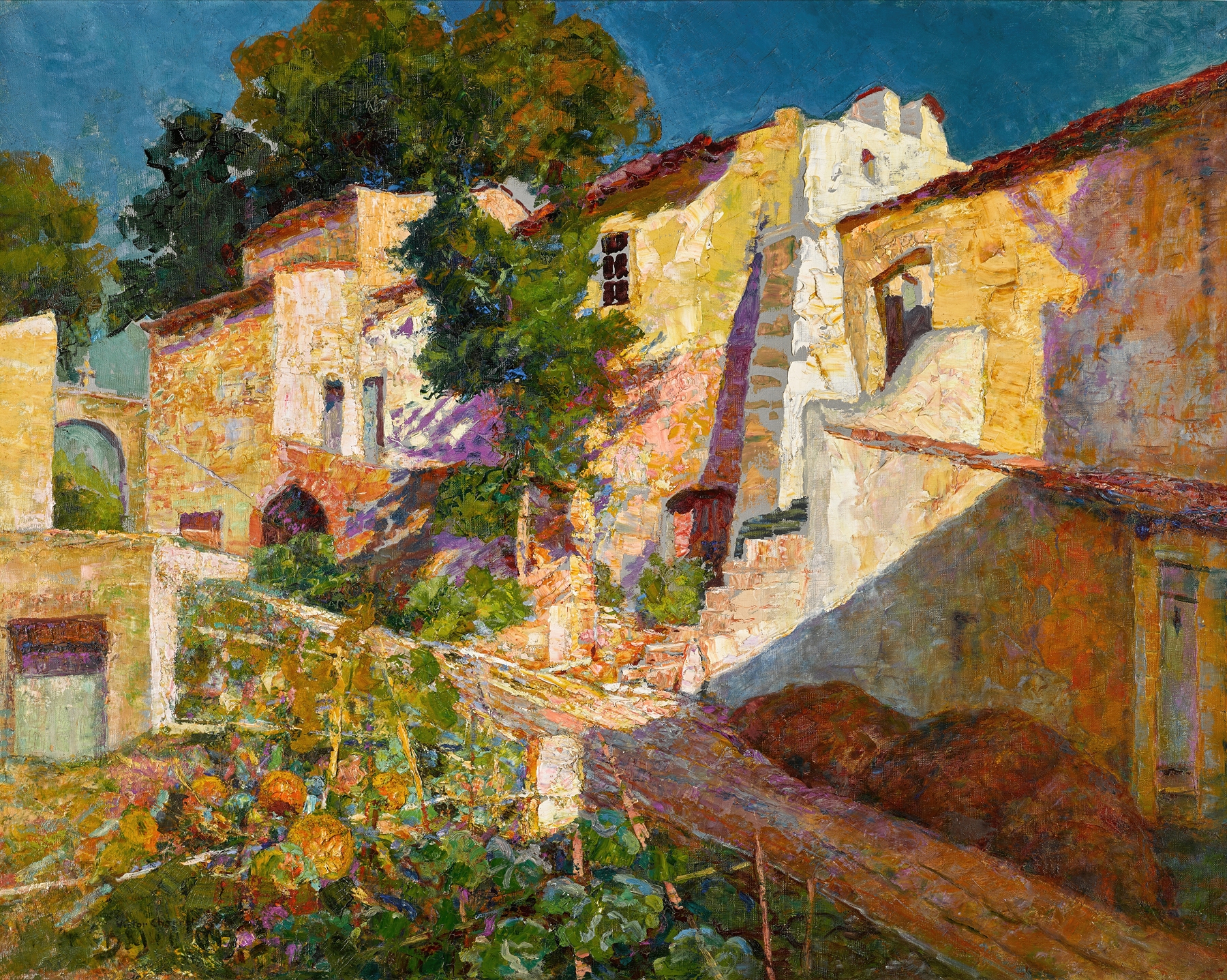 Village provençal by Victor Charreton, impressionism, depicting a serene French village in soft pastels.