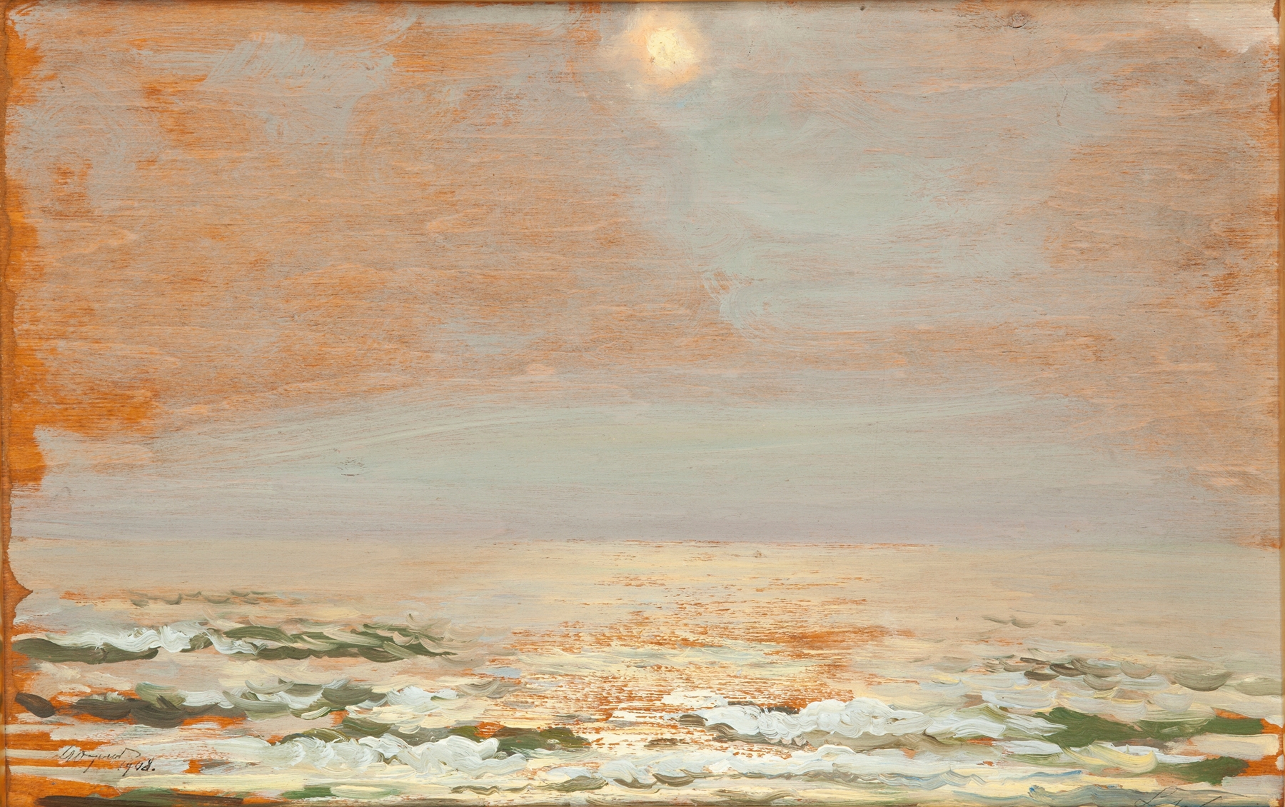 Marine oil painting by Leon Wyczółkowski depicting serene waves and horizon