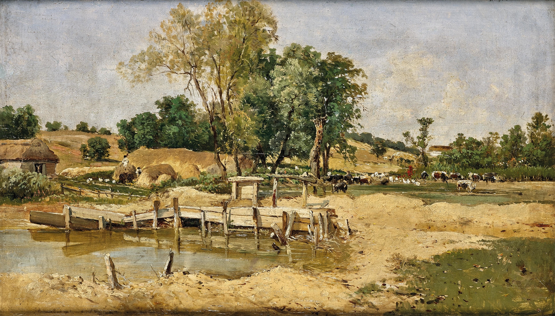 A Watering Place in Kis Bagh, oil painting by Theodor Von Hörmann, showcasing lush greenery and a tranquil scene.