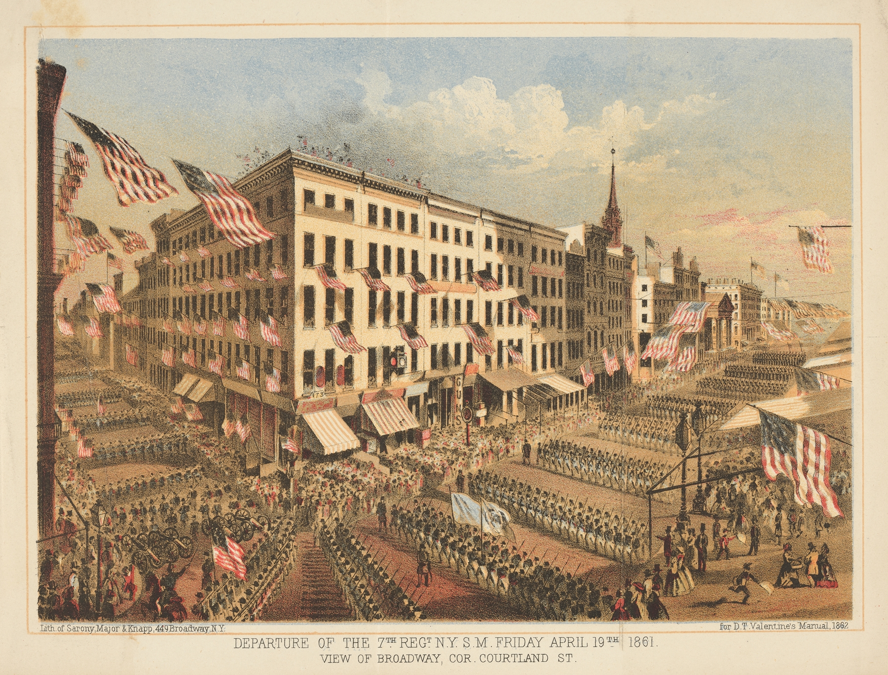 Lithograph by Sarony & Knapp depicting a military farewell scene on Broadway