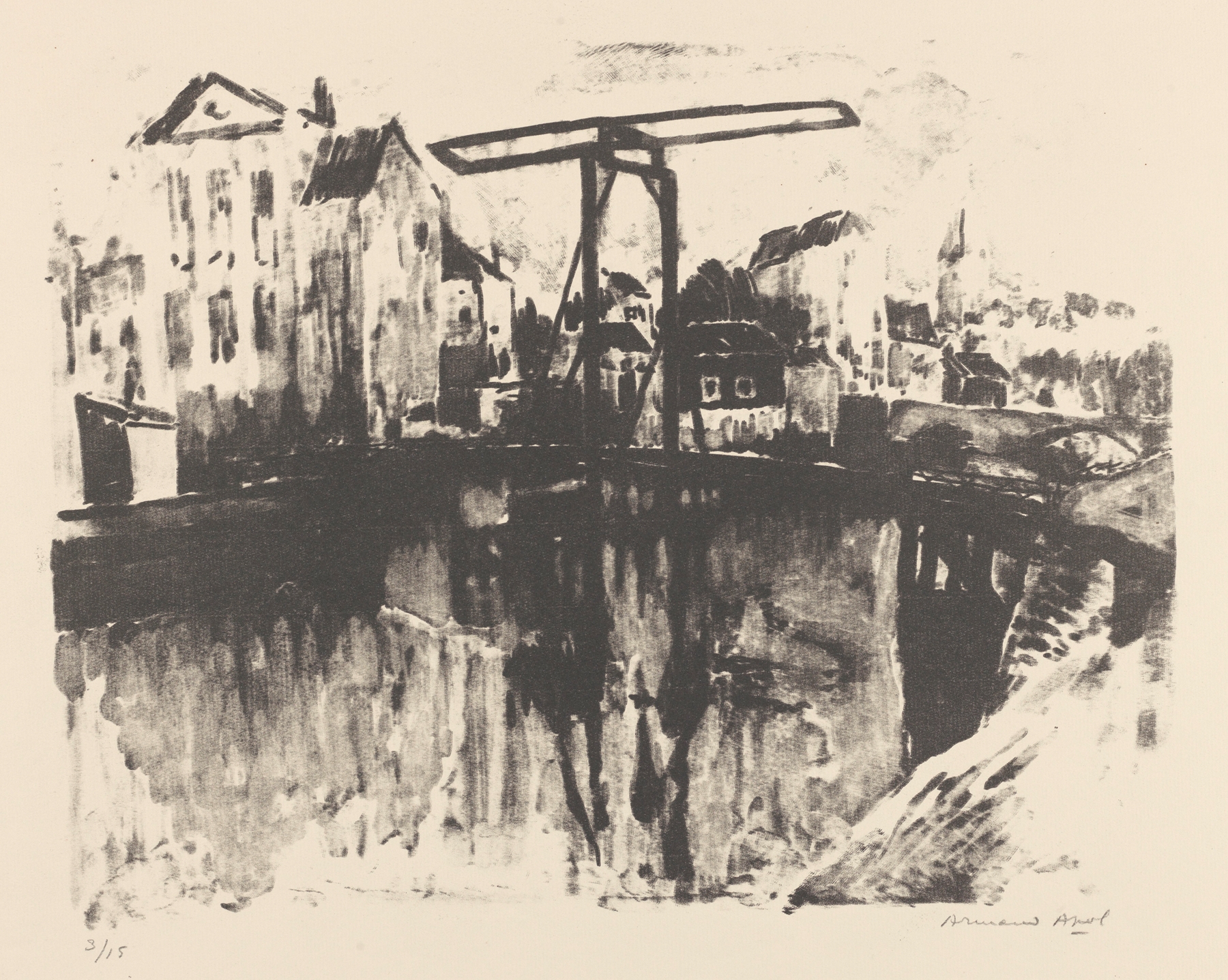 Pont basculant dans une ville by Armand Apol, oil on canvas depicting a bridge in a city landscape.