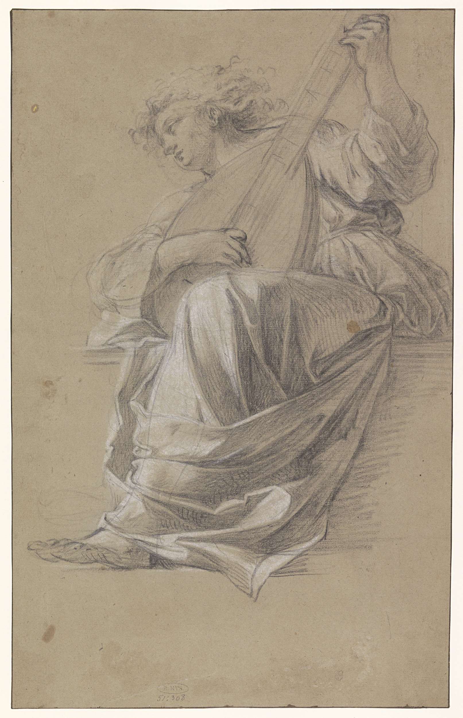 Seated angel with a lute, paper by Simon Vouet