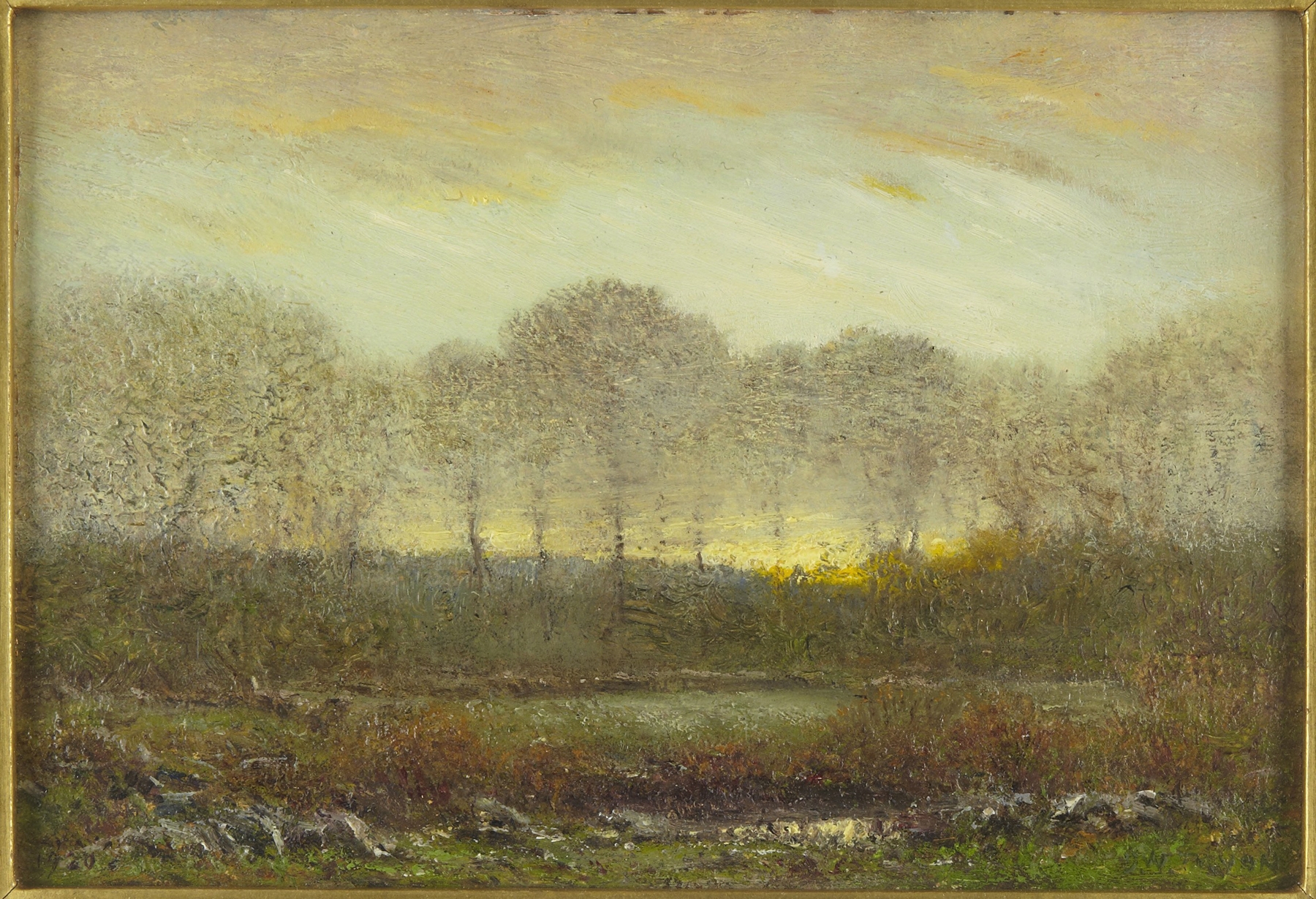 Evening Landscape by Dwight William Tryon, oil painting depicting a tranquil twilight scene.