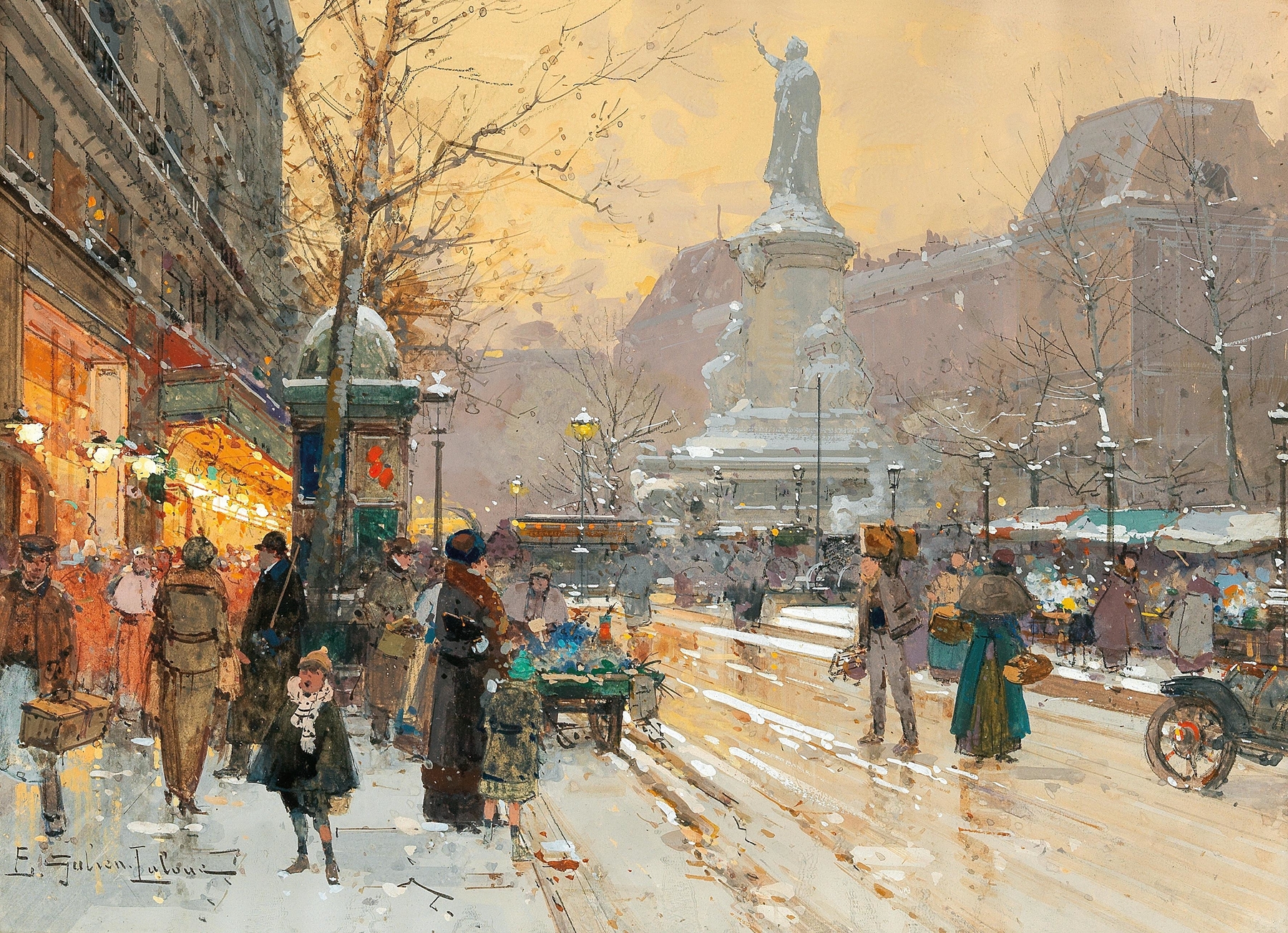 Genre scene of rain in Paris by Eugène Galien-Laloue, unknown medium