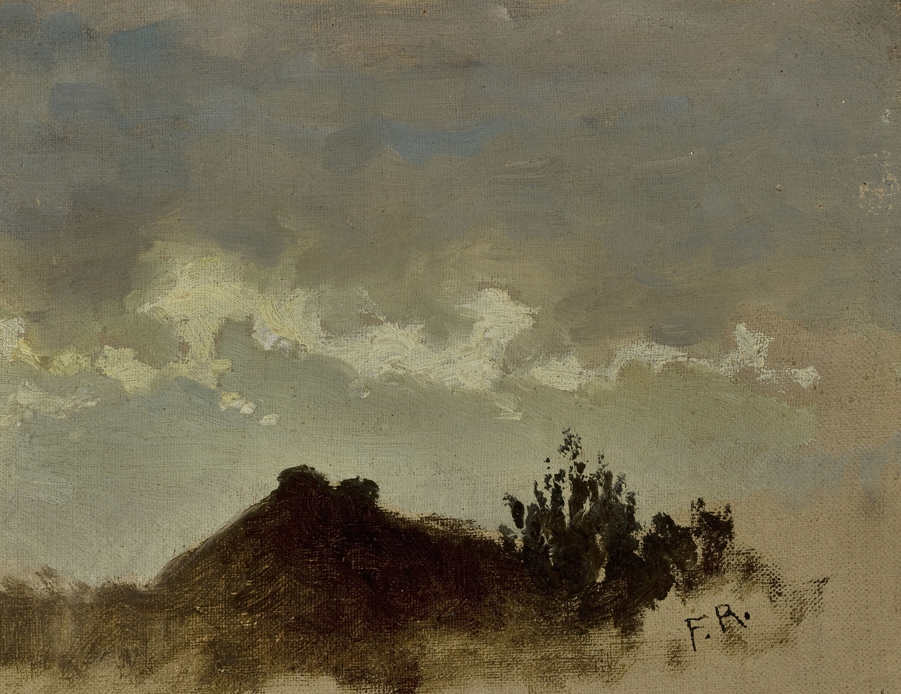 Cottage landscape by Ferdynand Ruszczyc, oil painting, featuring muted colors and trees.