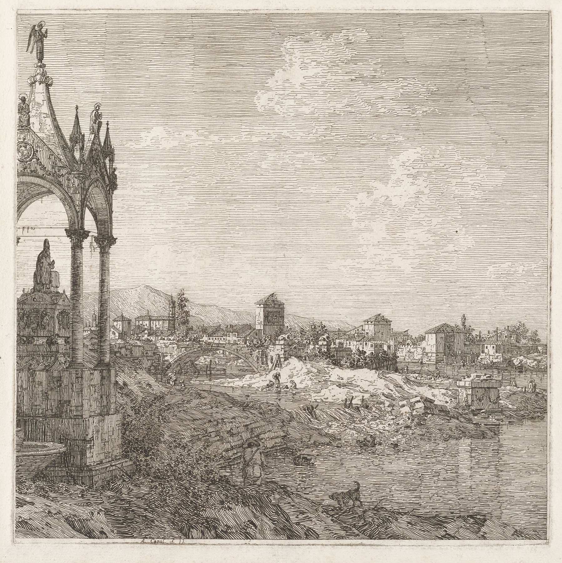 View of a town with a bishop's tomb, oil on canvas by Canaletto