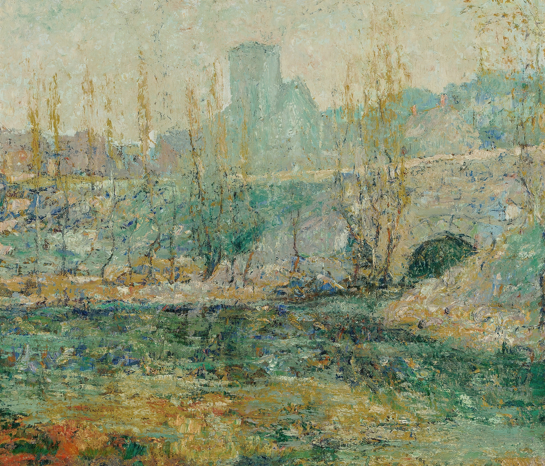 The Pond and Gapstow Bridge, New York City, by Ernest Lawson, public domain